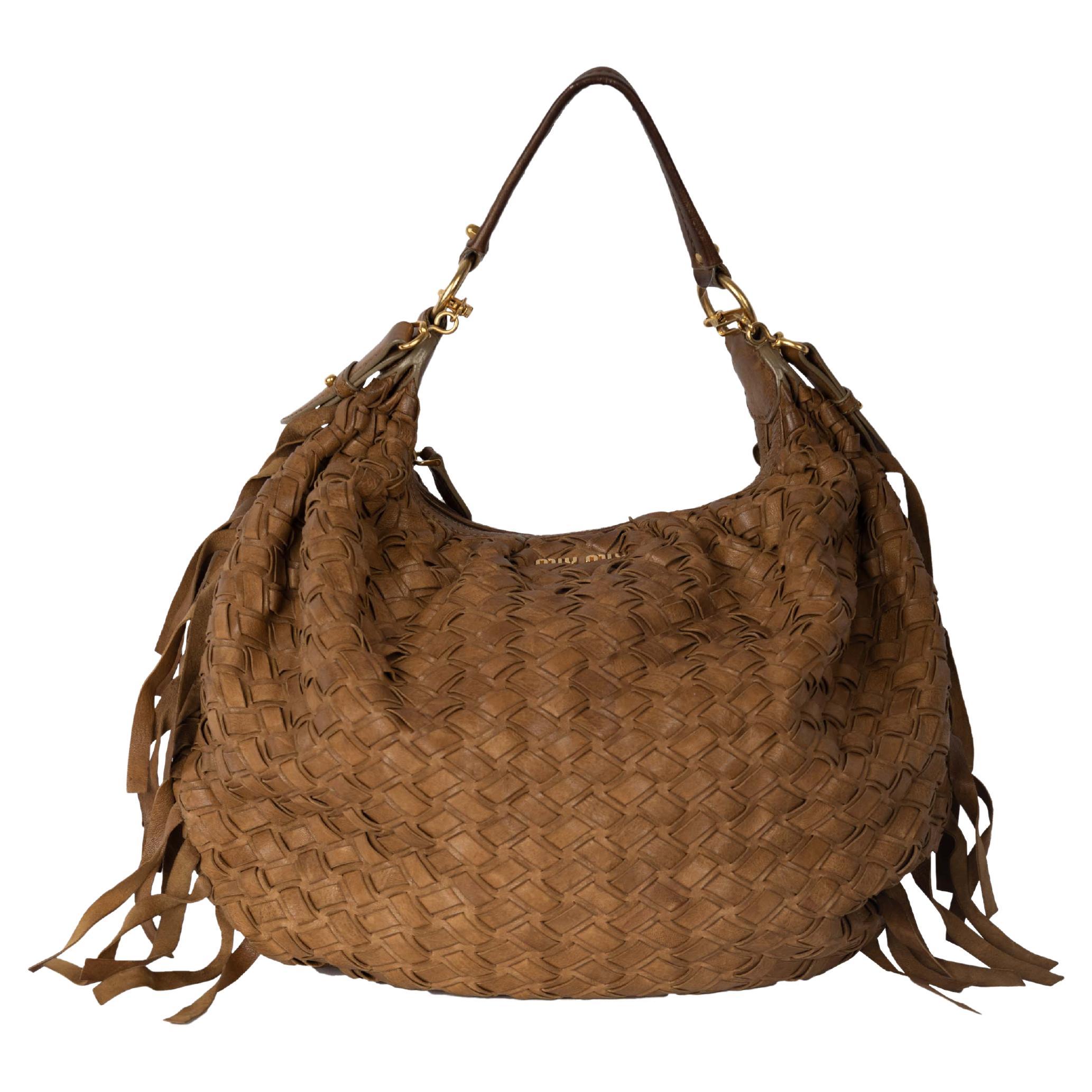 Miu Miu Woven Leather Fringe Hobo - '10s