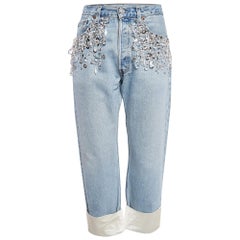 Miu X Levis Hellblaue Denim-Jeans mit Kristall-Satin-Besatz und Kristall-Denim-Taille 30"