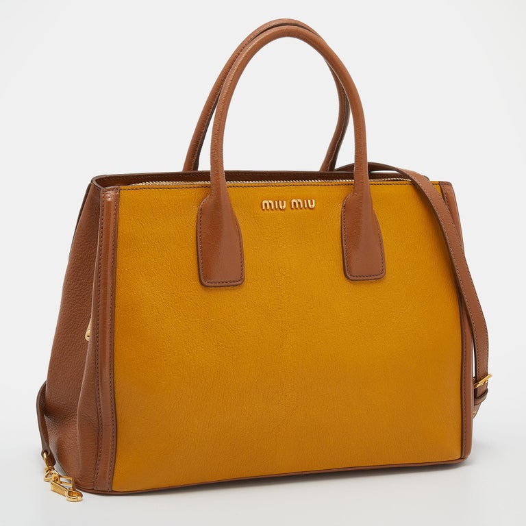 Miu Miu Yellow/Brown Madras Leather Tote For Sale at 1stDibs