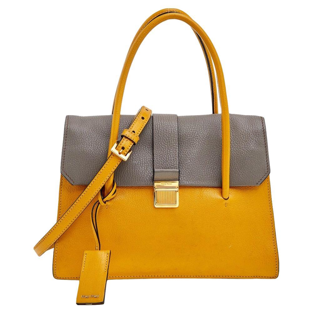 Miu Miu - Fourre-tout en cuir Madras jaune/gris à rabat avec fermeture à pression
