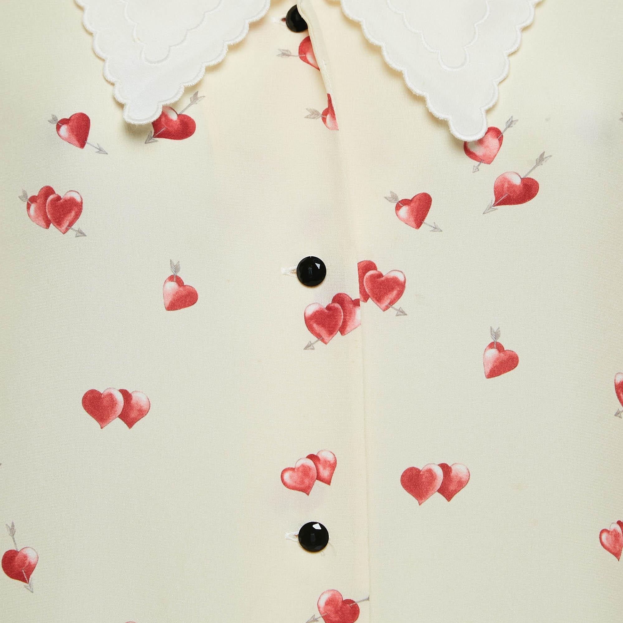 Women's Miu Miu Yellow Heart Print Silk Scallop Trim Collar Shirt S