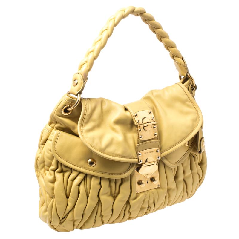 Women's Miu Miu Yellow Matelasse Leather Coffer Hobo