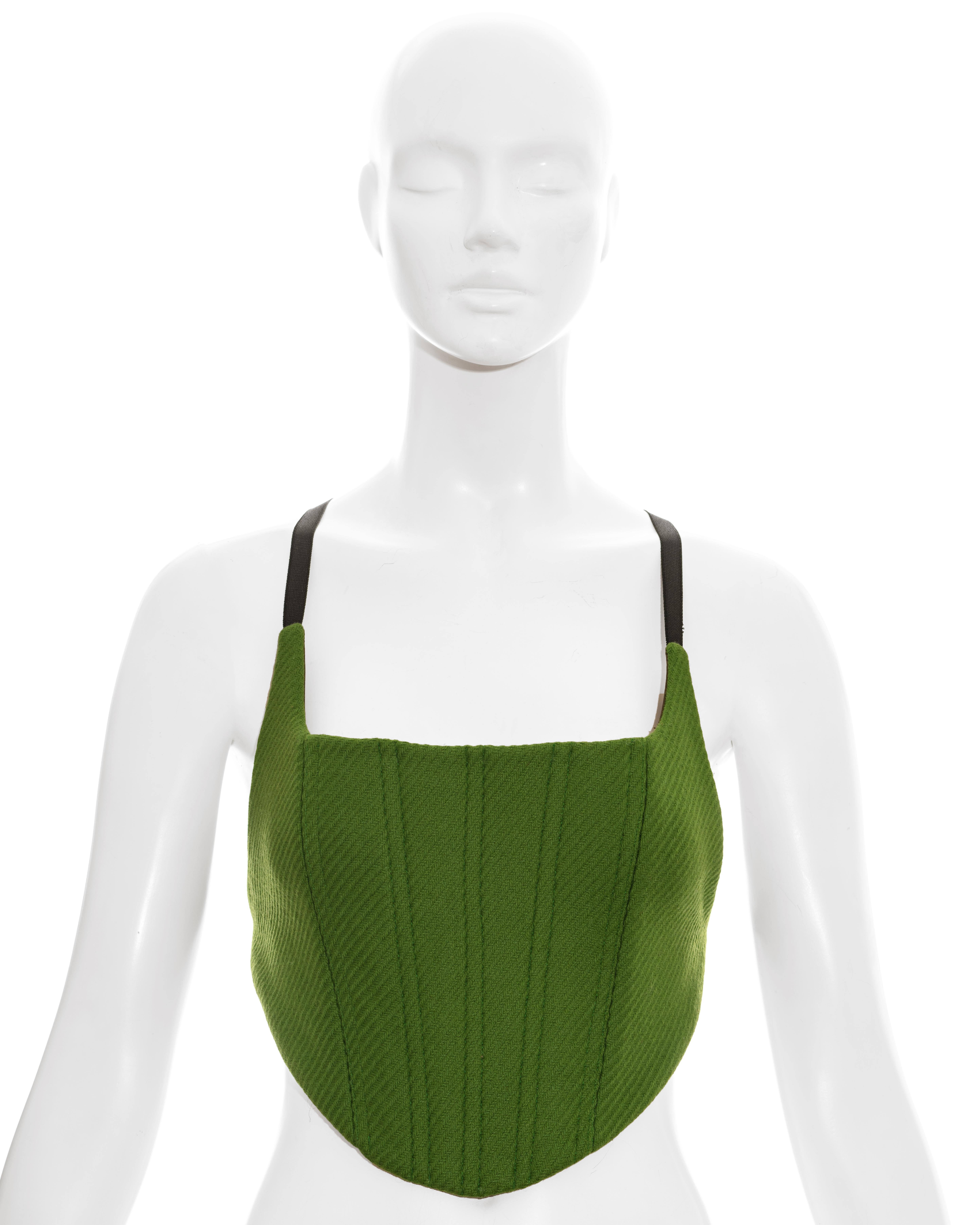 Miuccia Prada green wool tweed corset top with nylon backing and adjustable velcro side fastenings. 

Fall-Winter 1999