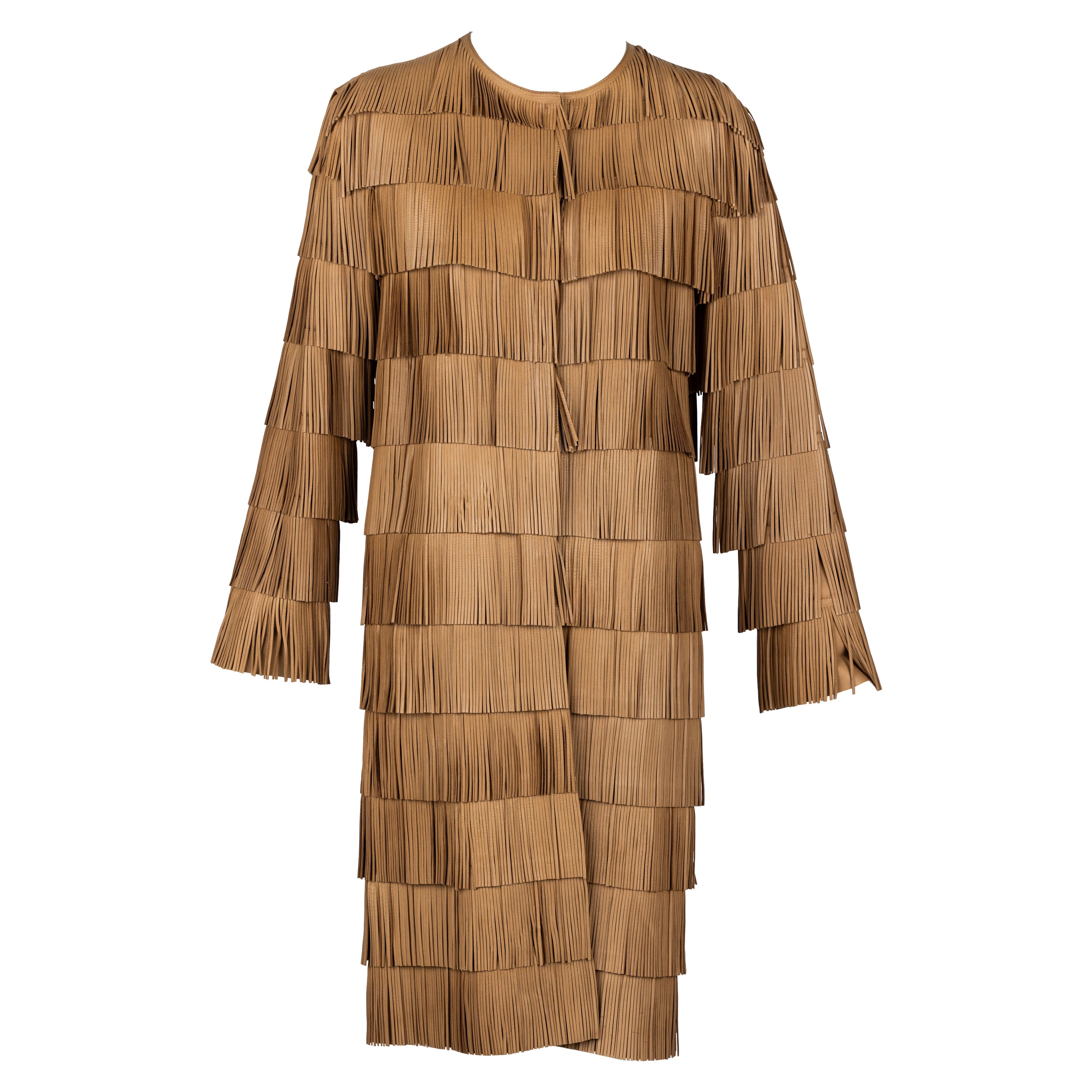 Miuccia Prada Vintage Spring 2007 Runway Brown Leather Fringe Coat Size 40 IT