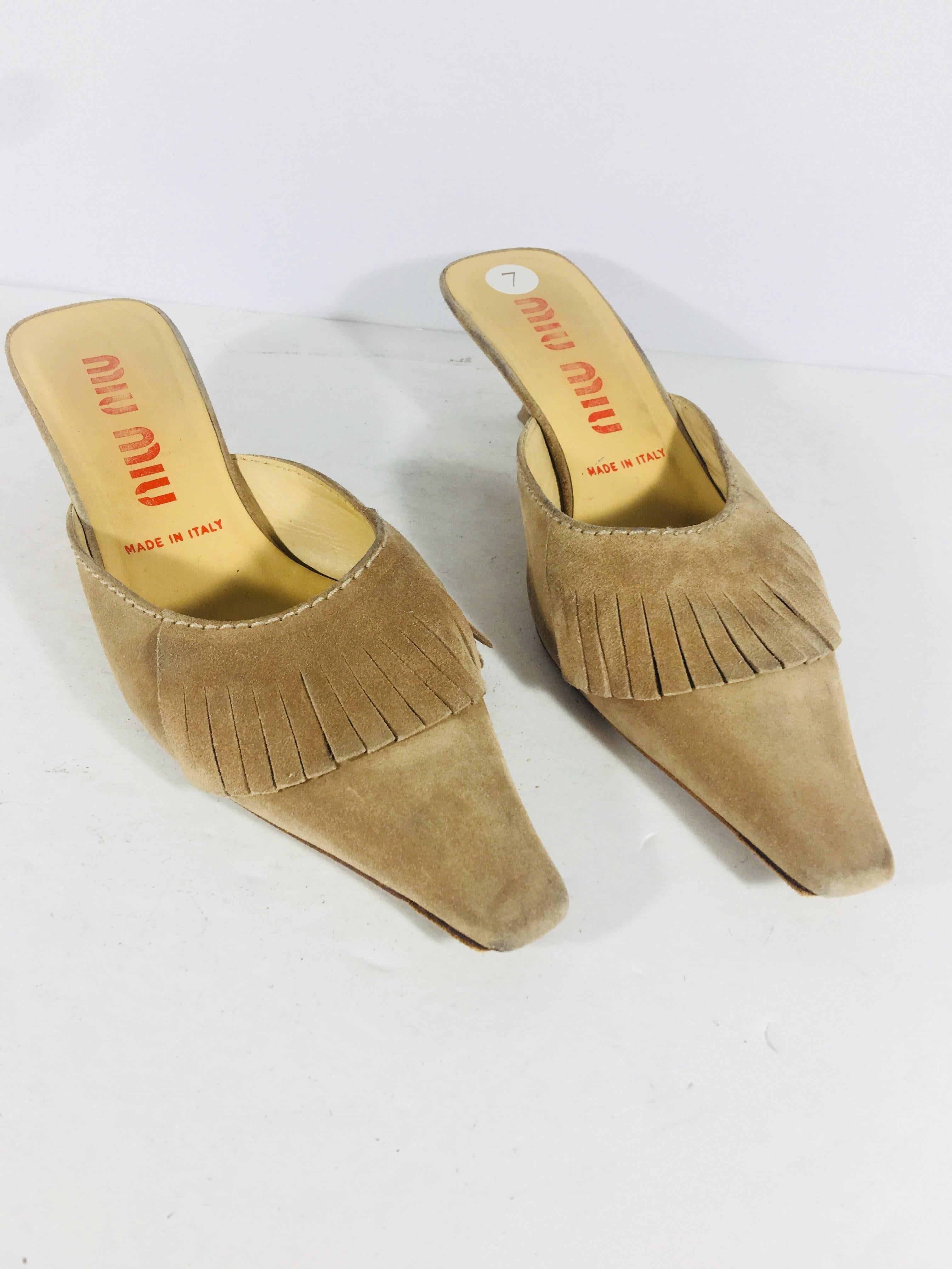 MiuMiu Slide on Kitten Heel Mule with Leather Fringe Detail