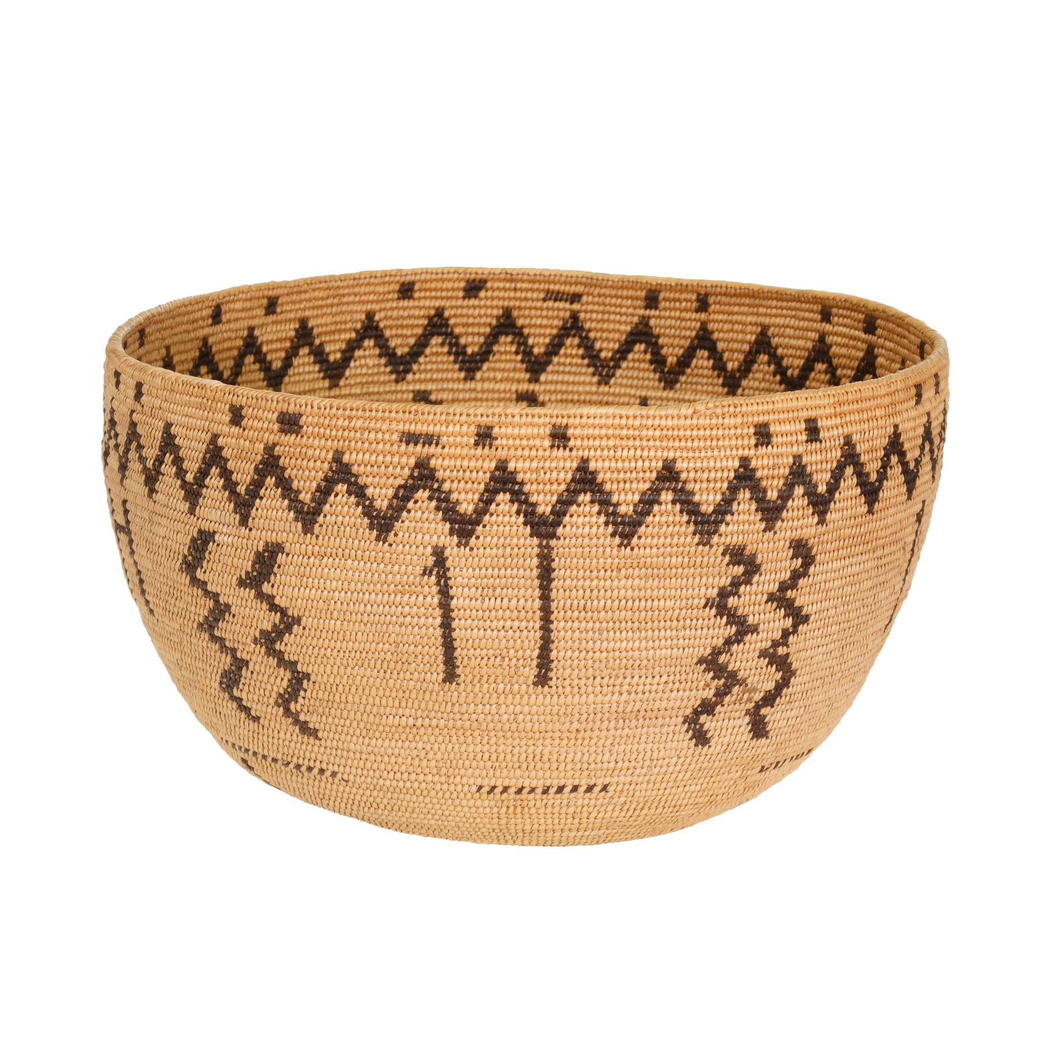 Finely woven Miwok bowl with multiple geometric designs on side and bottom.

Period: Last quarter of the 19th century.

Origin: Miwok.

Size: 5