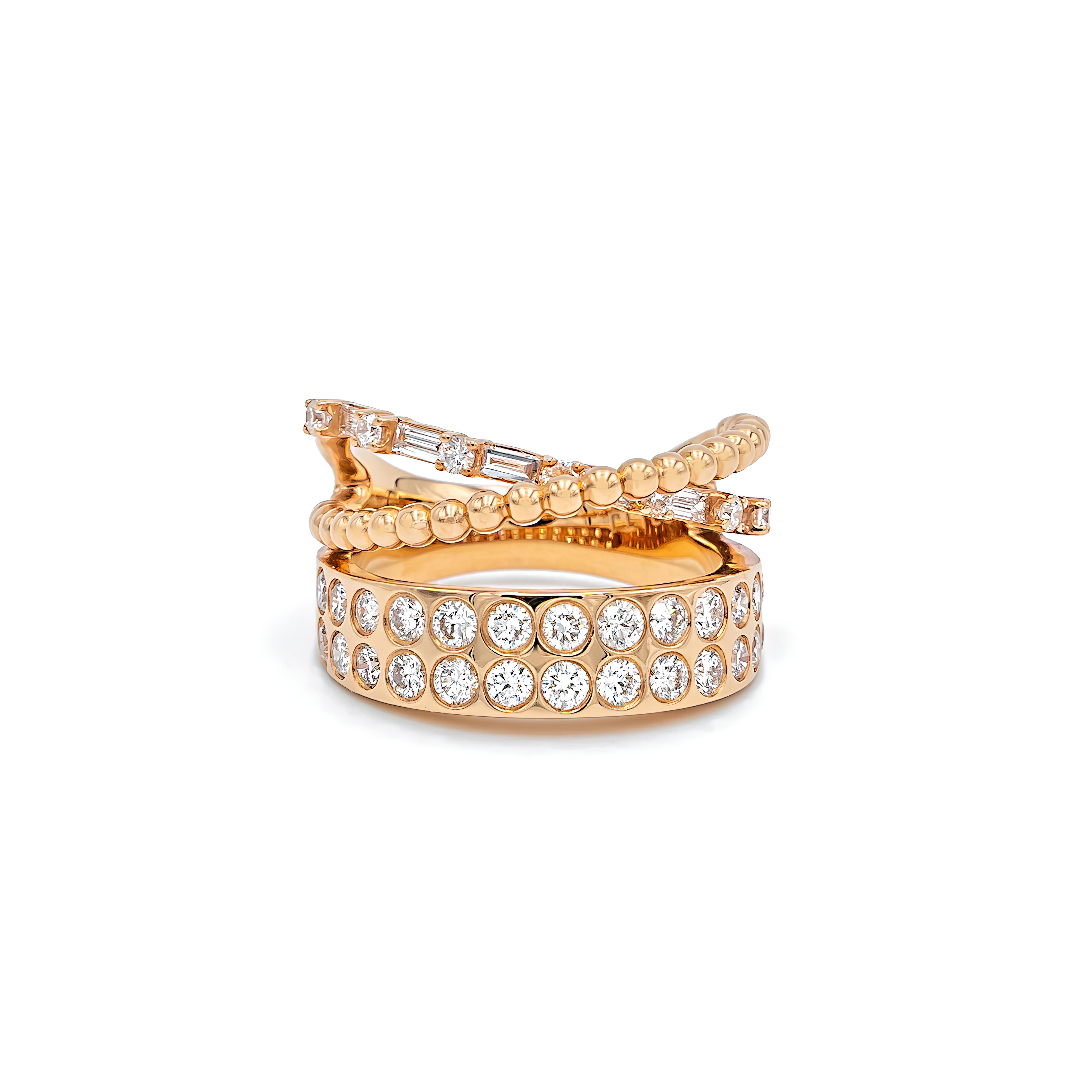 Tapered Baguette Mix and Matched Round and Tapered Diamonds in Criss Cross Bands, 18k Gold Ring For Sale