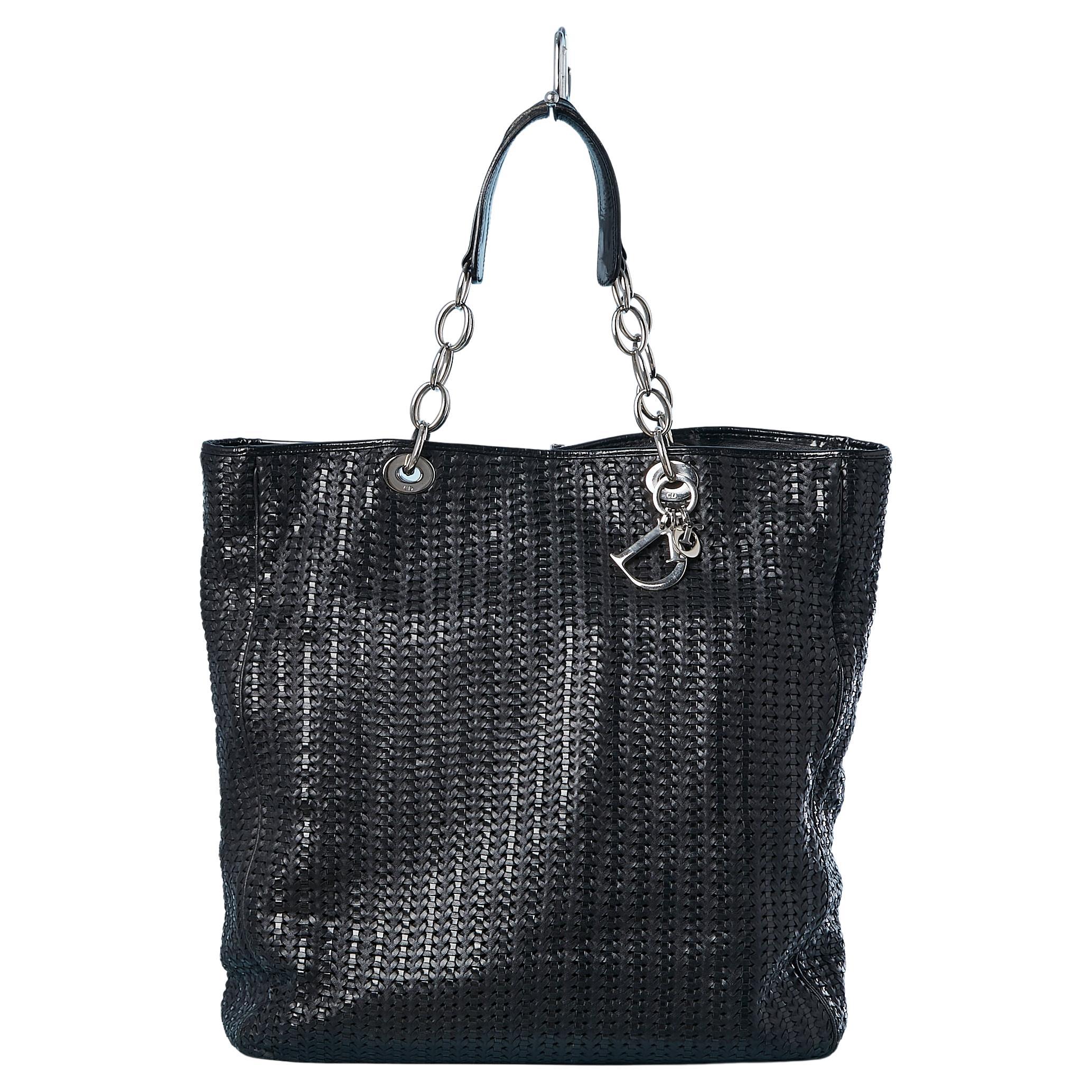 Mix black leather & patent leather plaited tote bag with chains Christian Dior 