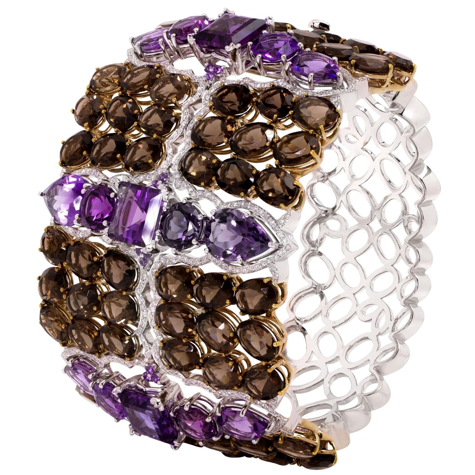 Mix Cut and Semi-Precious Stones Rhodium and Gold-Plated Bracelet For Sale