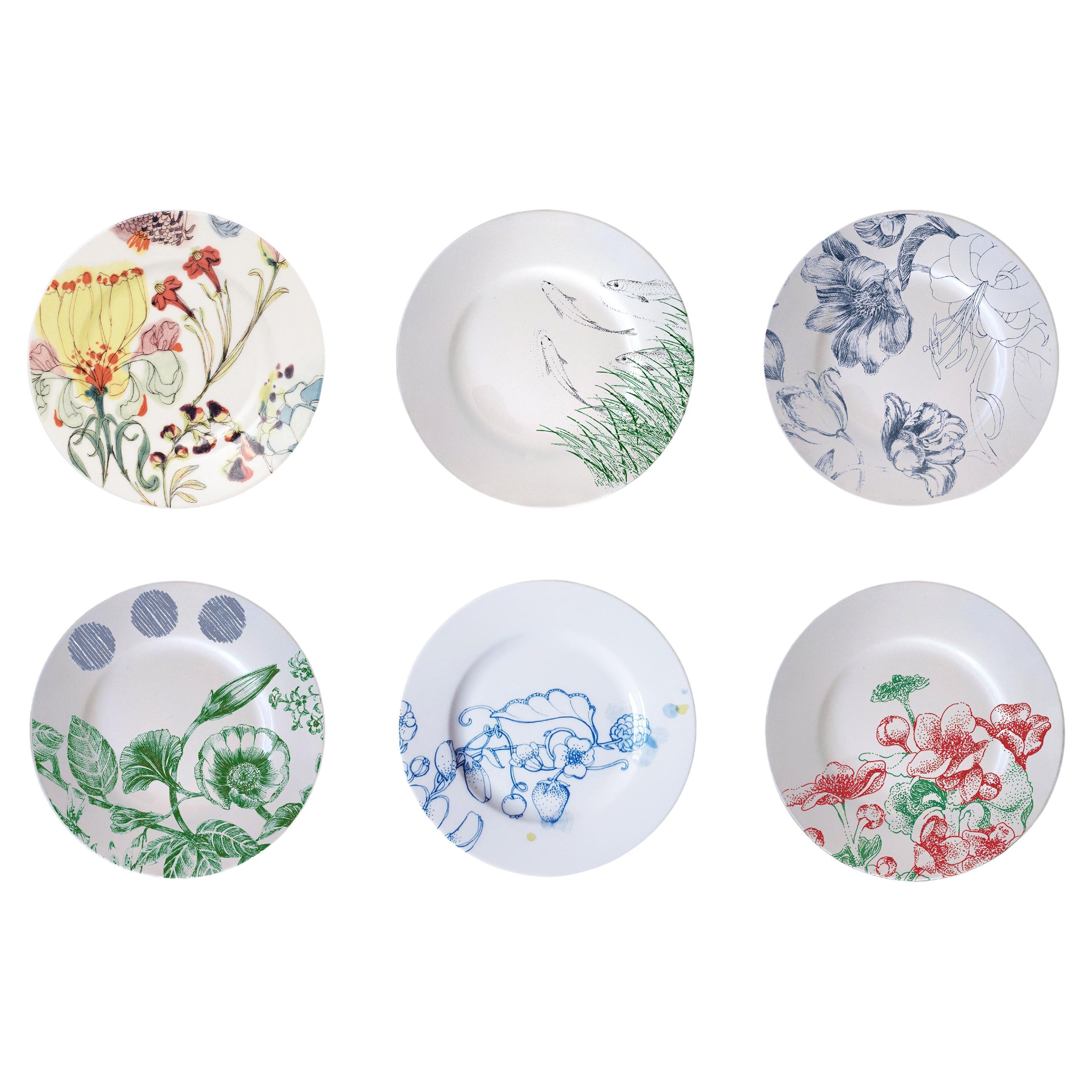 Mix & Match, Six Contemporary Porcelain Bread Plates with Multicolored Flowers For Sale