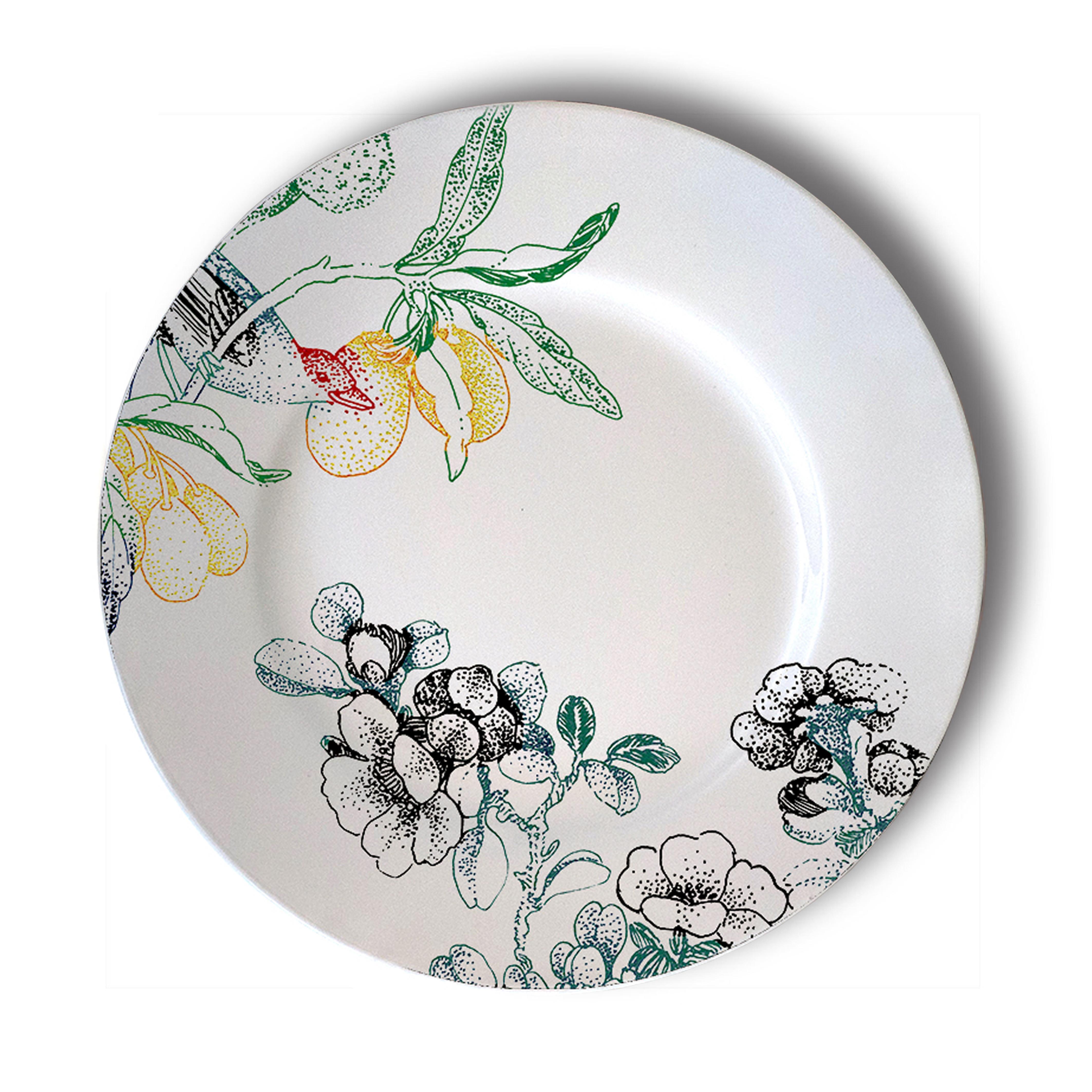 Mix & Match, Six Contemporary Porcelain Dessert Plates with Multicolored Flowers For Sale 1