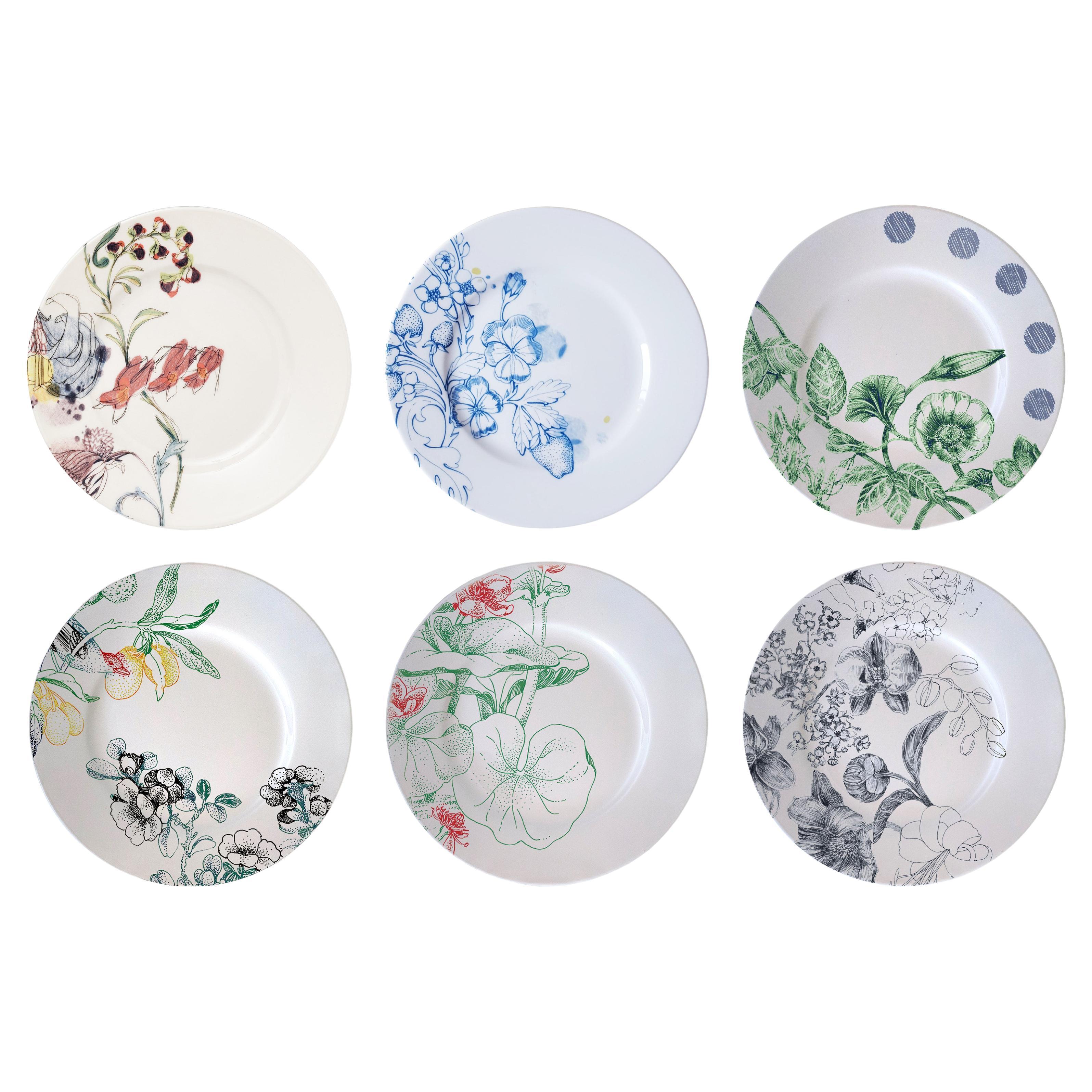 Sechs zeitgenössisches Porzellan-Dessertteller mit mehrfarbigen Blumen, Mix & Match