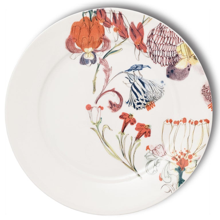 Mix and Match, Six Contemporary Porcelain Dinner Plates with Flowers and Animals For Sale at 1stDibs