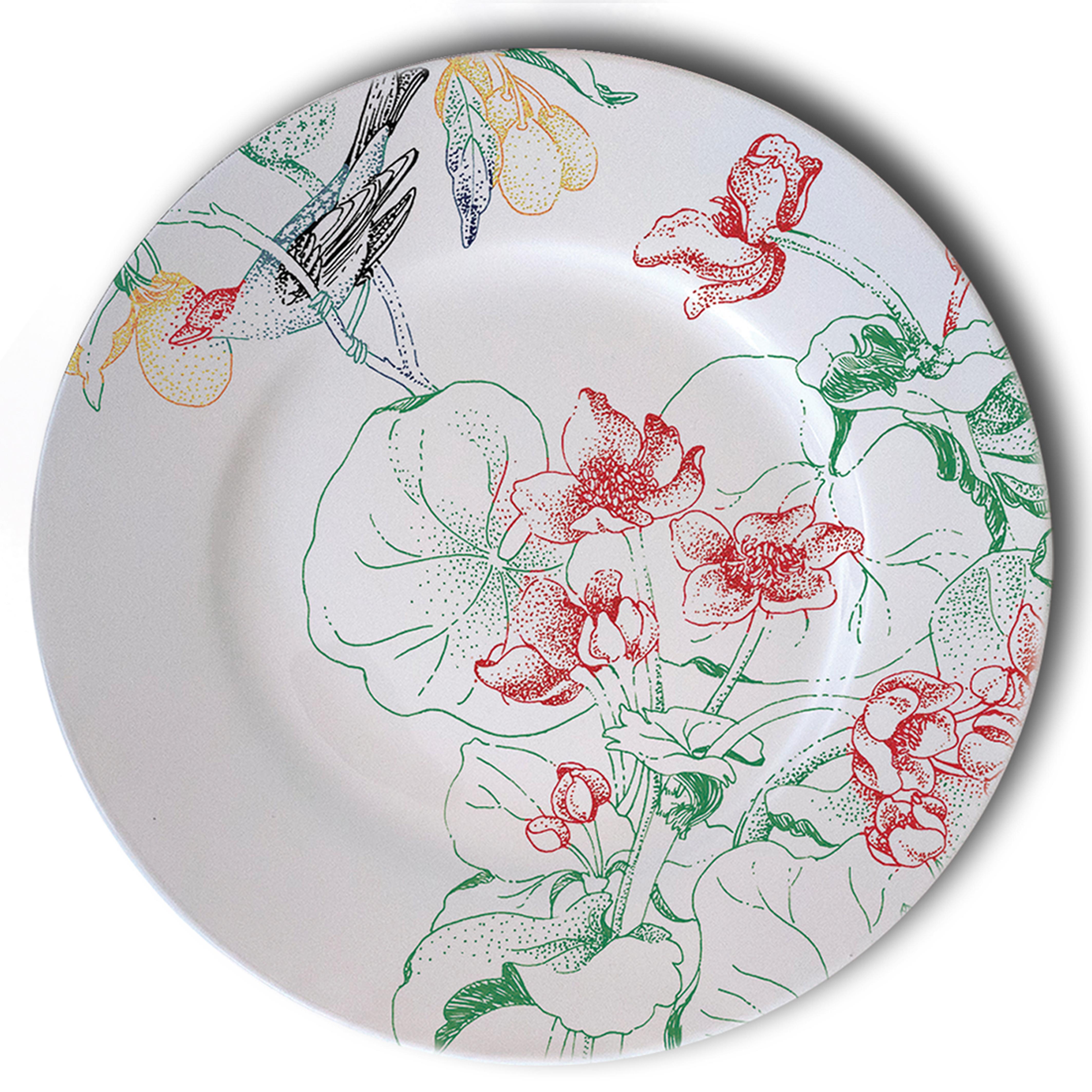 Italian Mix & Match, Six Contemporary Porcelain Dinner Plates with Flowers and Animals For Sale