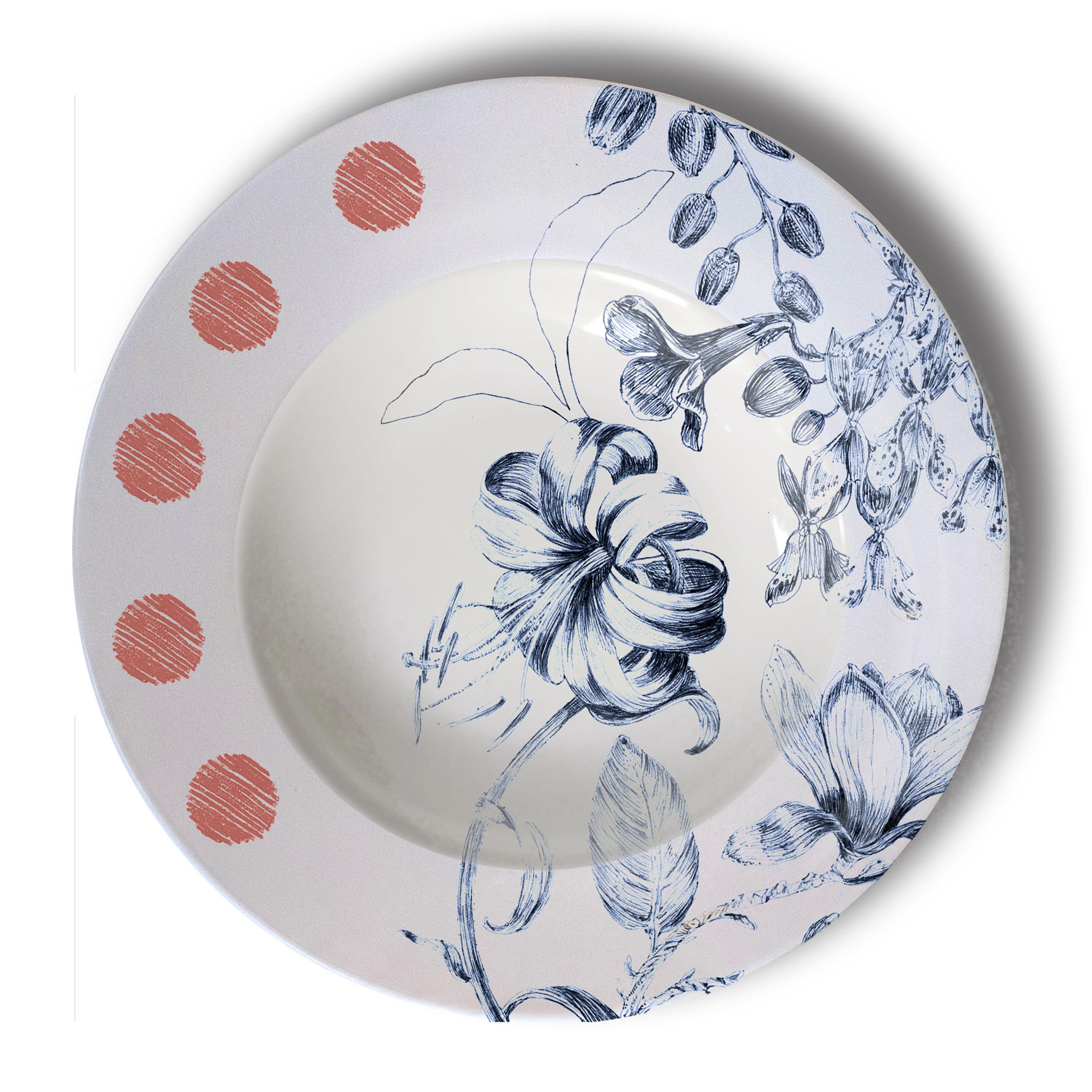 Mix & Match, Six Contemporary Porcelain Pasta Plates with Flowers and Birds For Sale 1