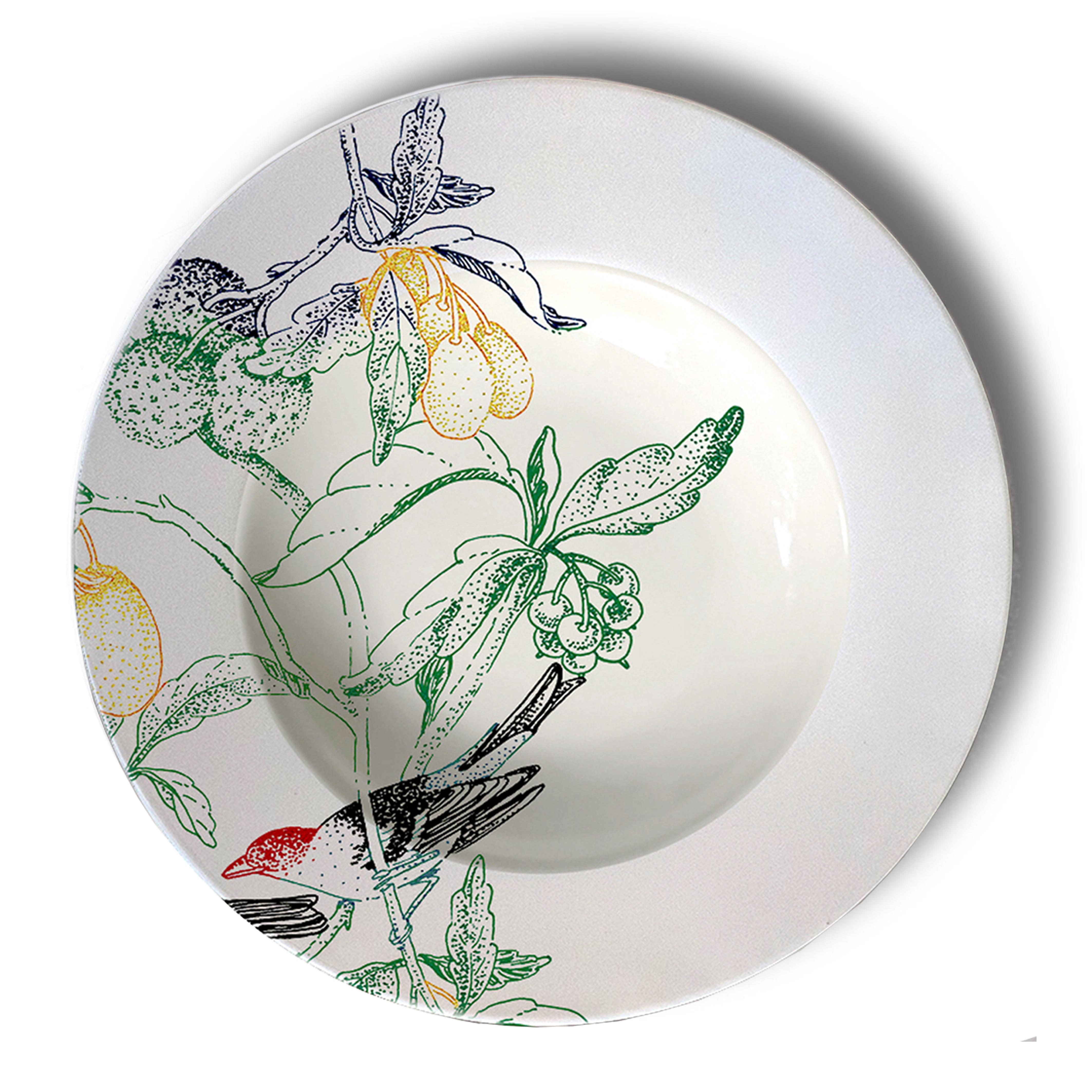 Mix & Match, Six Contemporary Porcelain Pasta Plates with Flowers and Birds For Sale 2