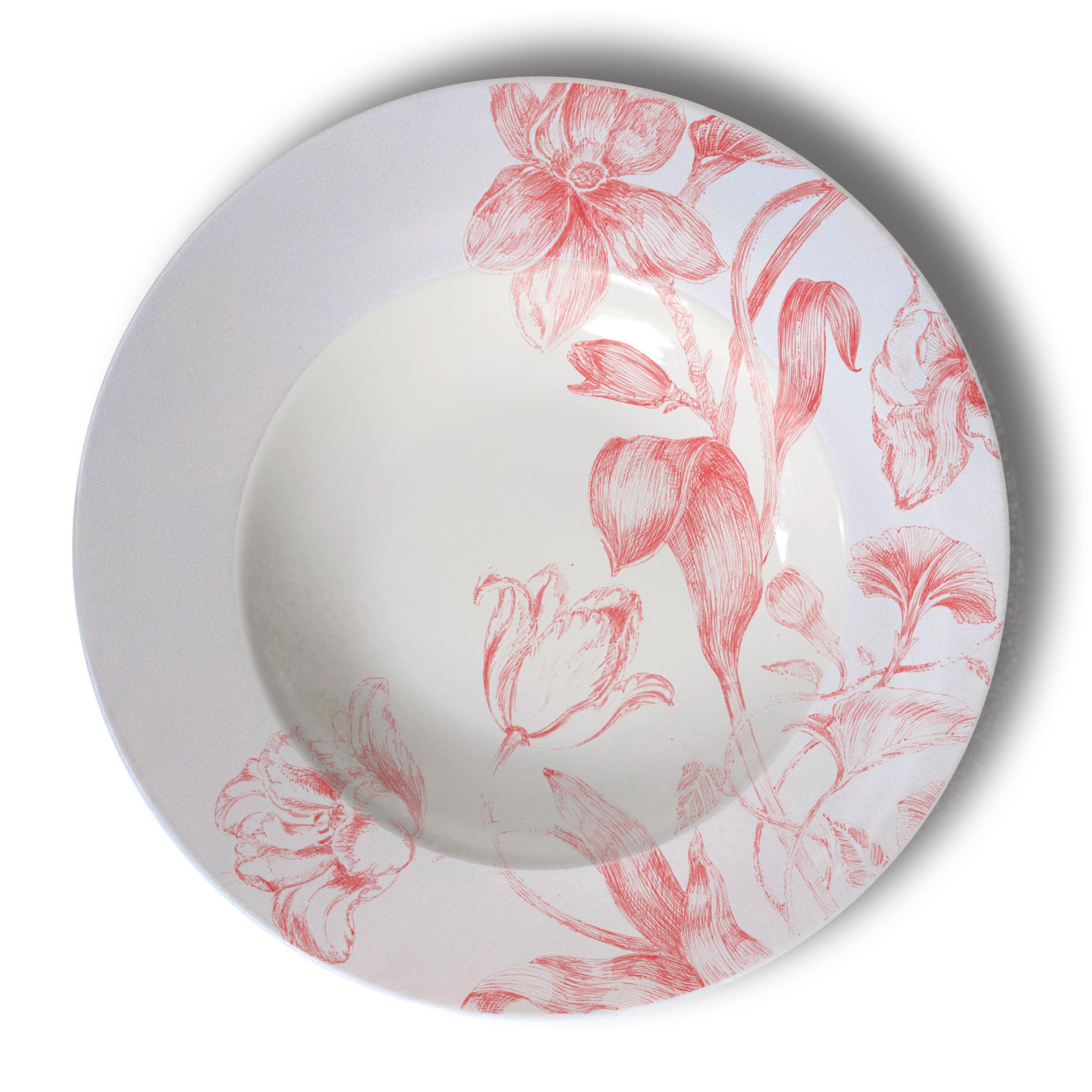 Mix & Match, Six Contemporary Porcelain Pasta Plates with Flowers and Birds For Sale 3