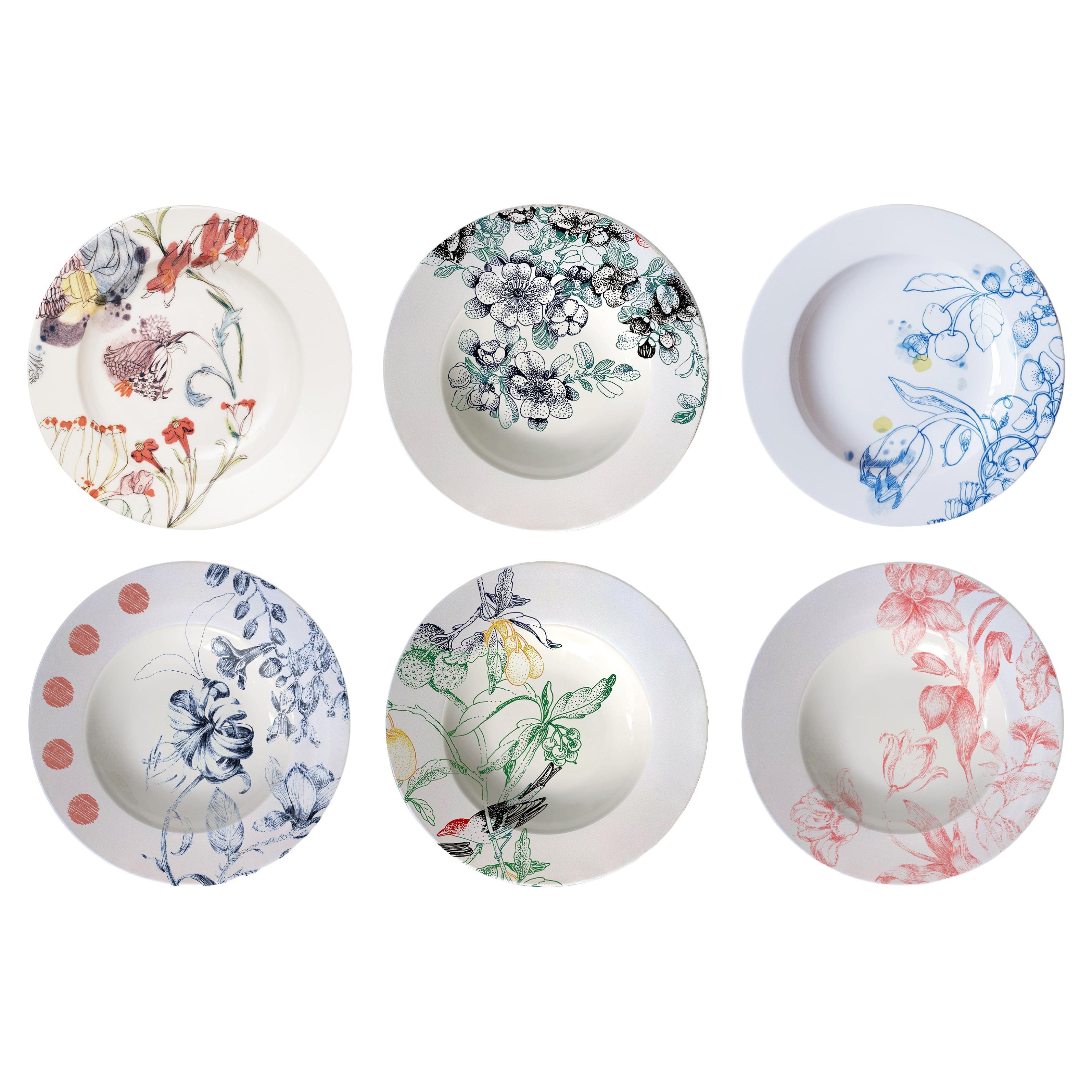 Mix & Match, Six Contemporary Porcelain Pasta Plates with Flowers and Birds For Sale