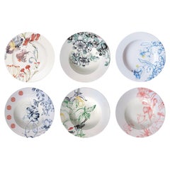 Mix & Match, Six Contemporary Porcelain Pasta Plates with Flowers and Birds
