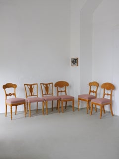 Mix & Match Swedish Biedermeier Golden Birch Chairs, Set of 6