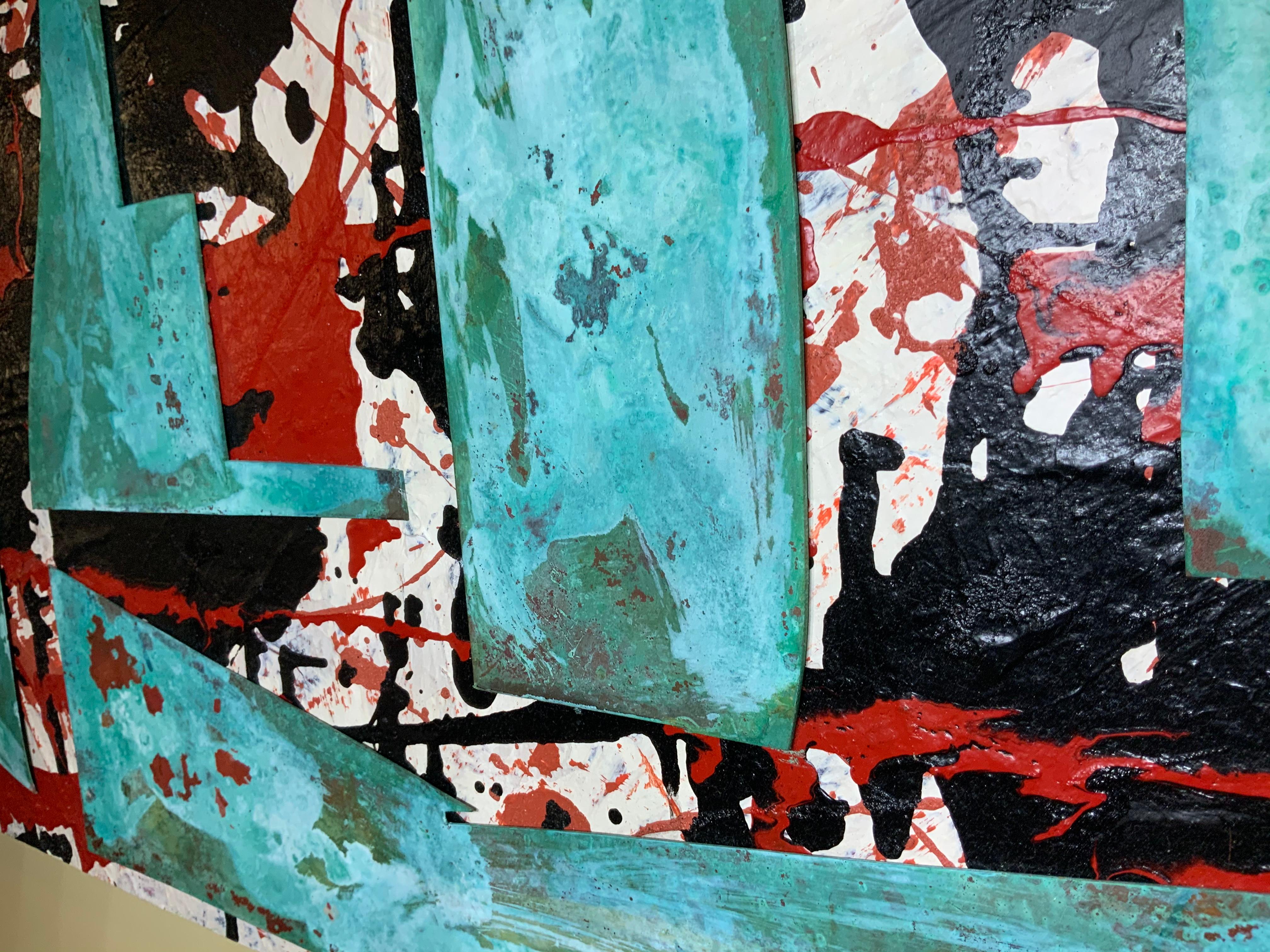 Pittura mista acrilica astratta, sabbia marina, rame di recupero in vendita 5