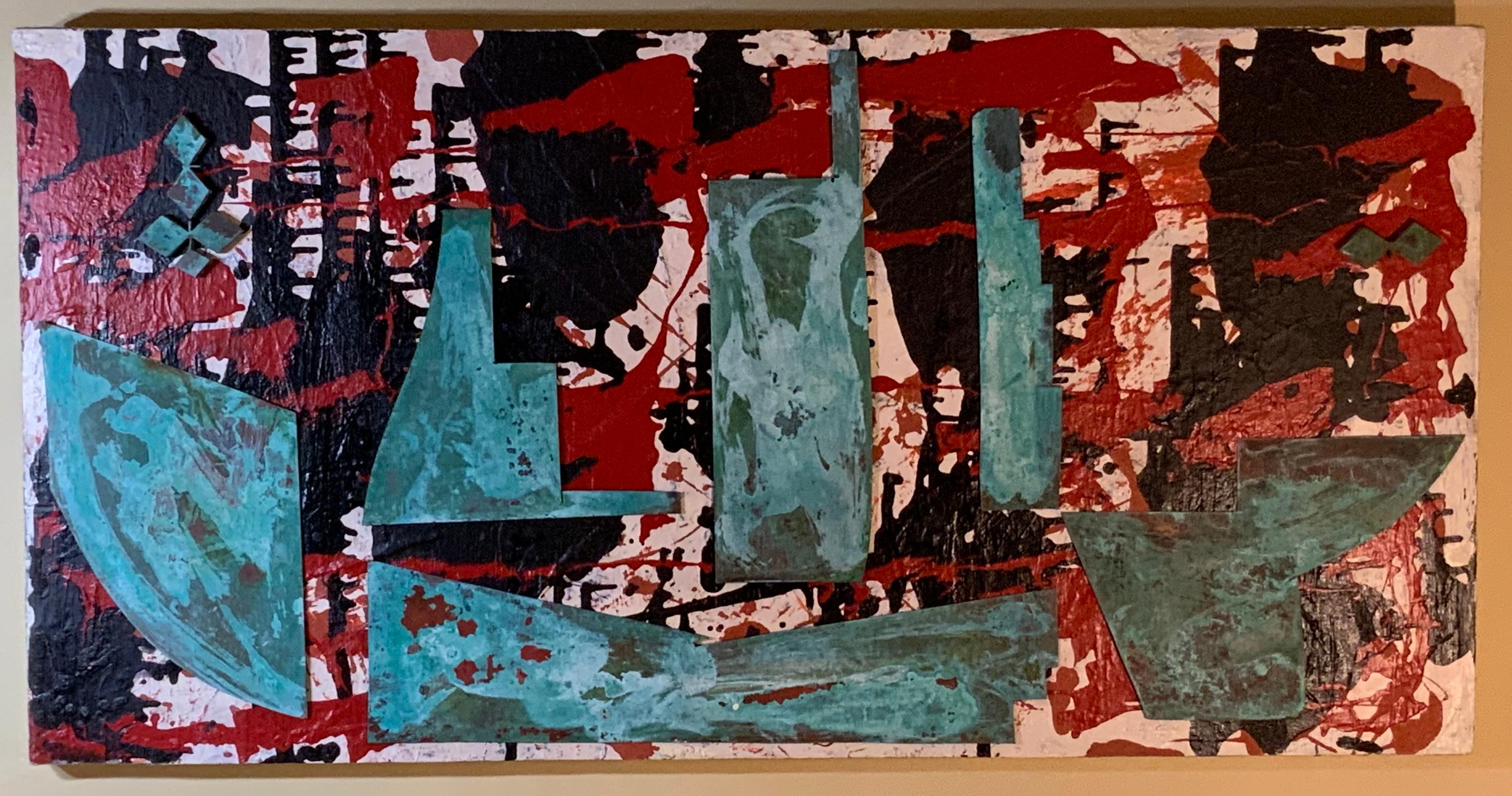 Questa opera d'arte moderna del 20° secolo è composta da colori acrilici astratti mescolati con sabbia di mare di Wood Wood, dipinti su legno con ossidazione.
Rame e bronzo di recupero montati professionalmente sullo sfondo.
  