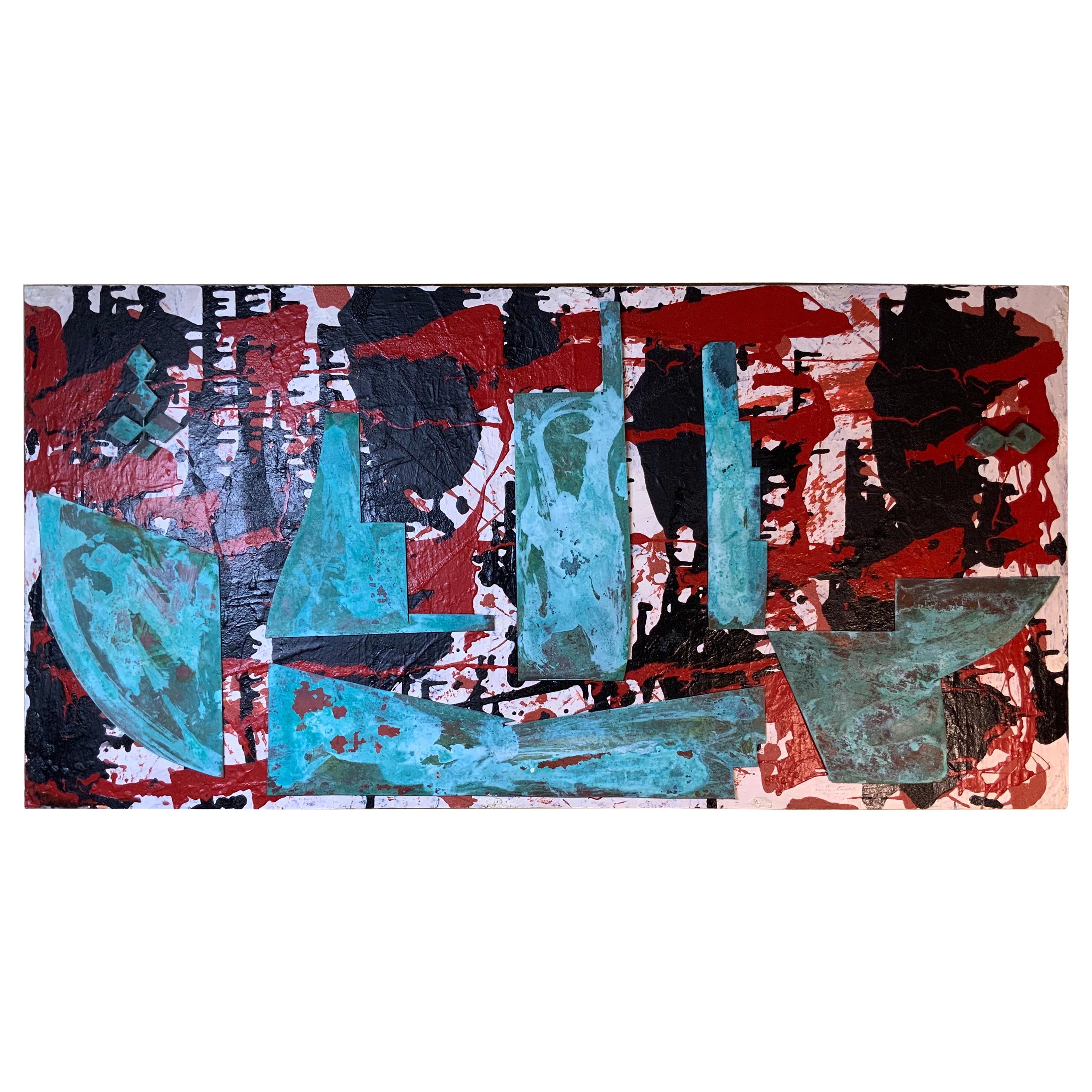 Abstraktes Mix-Media-Acryl-Gemälde:: Meersand:: wiedergewonnenes Kupfer