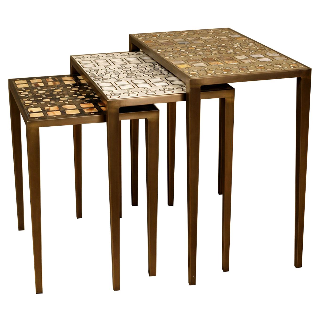 Mix Media Nesting Table L in Shagreen/Shell, Bronze-Patina Brass by R&Y Augousti