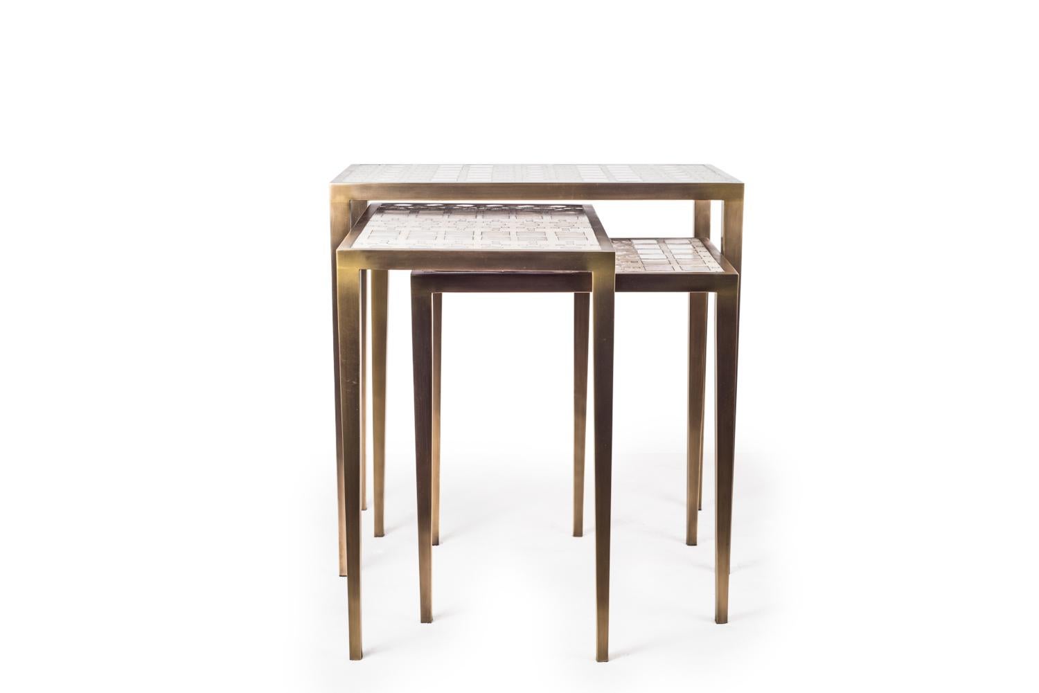 Hand-Crafted Mix Media Nesting Table S in Shagreen/Shell, Bronze-Patina Brass by R&Y Augousti For Sale