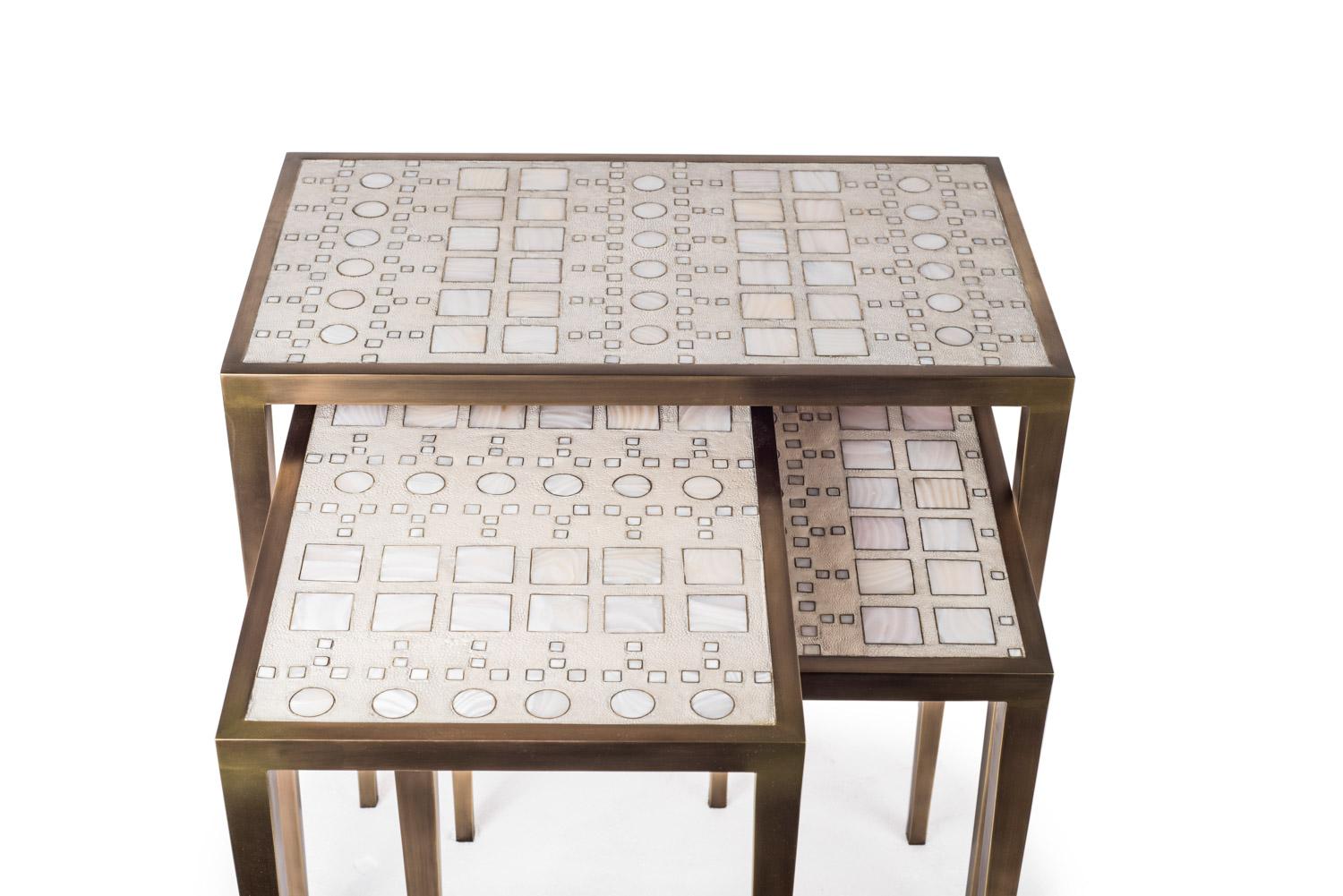 Contemporary Mix Media Nesting Table S in Shagreen/Shell, Bronze-Patina Brass by R&Y Augousti For Sale