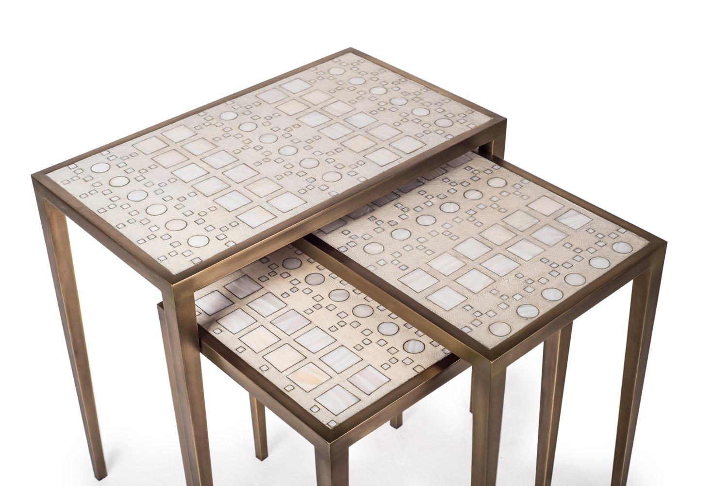 Mother-of-Pearl Mix Media Nesting Table S in Shagreen/Shell, Bronze-Patina Brass by R&Y Augousti For Sale