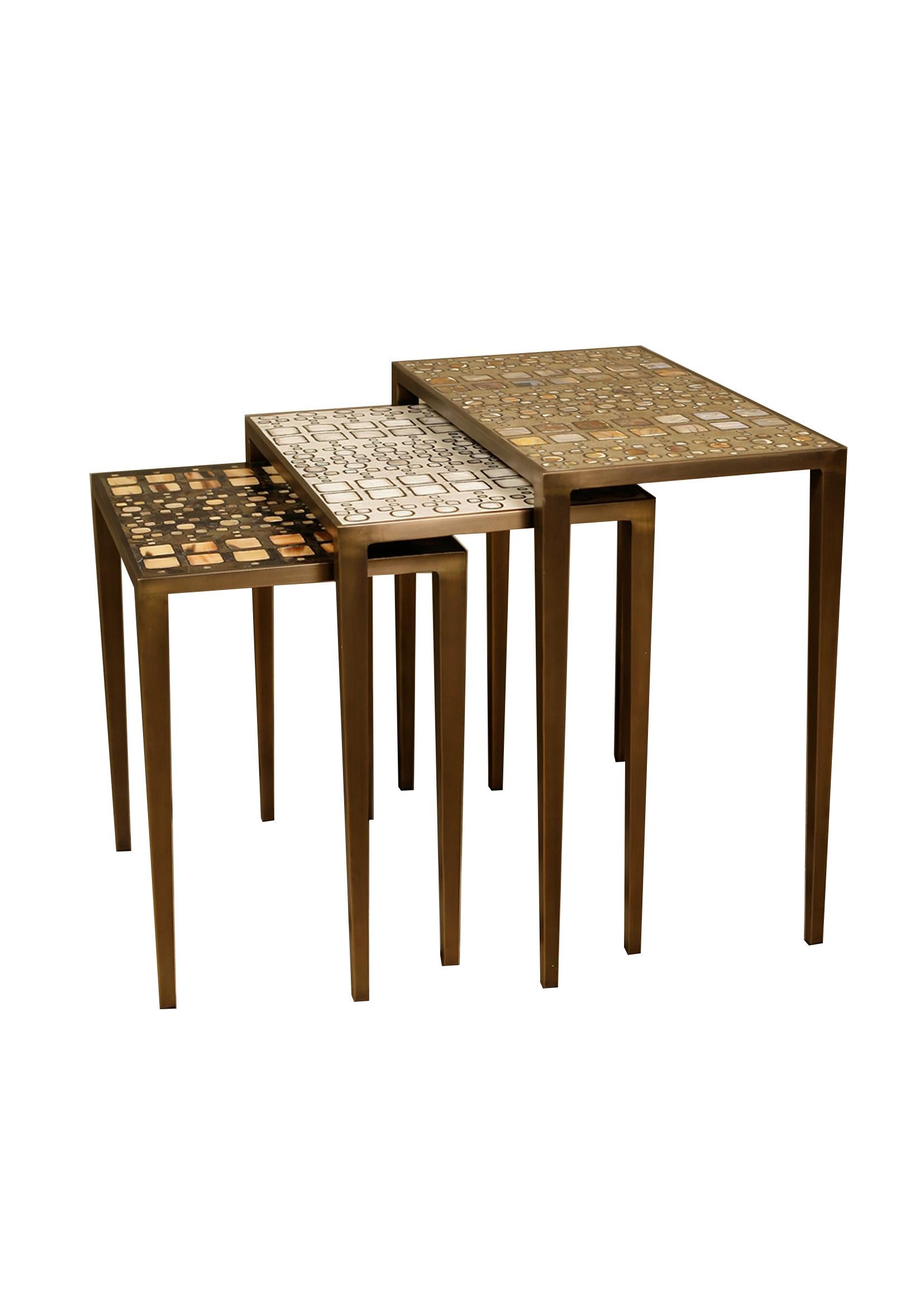 Mix Media Nesting Table S in Shagreen/Shell, Bronze-Patina Brass by R&Y Augousti For Sale 1