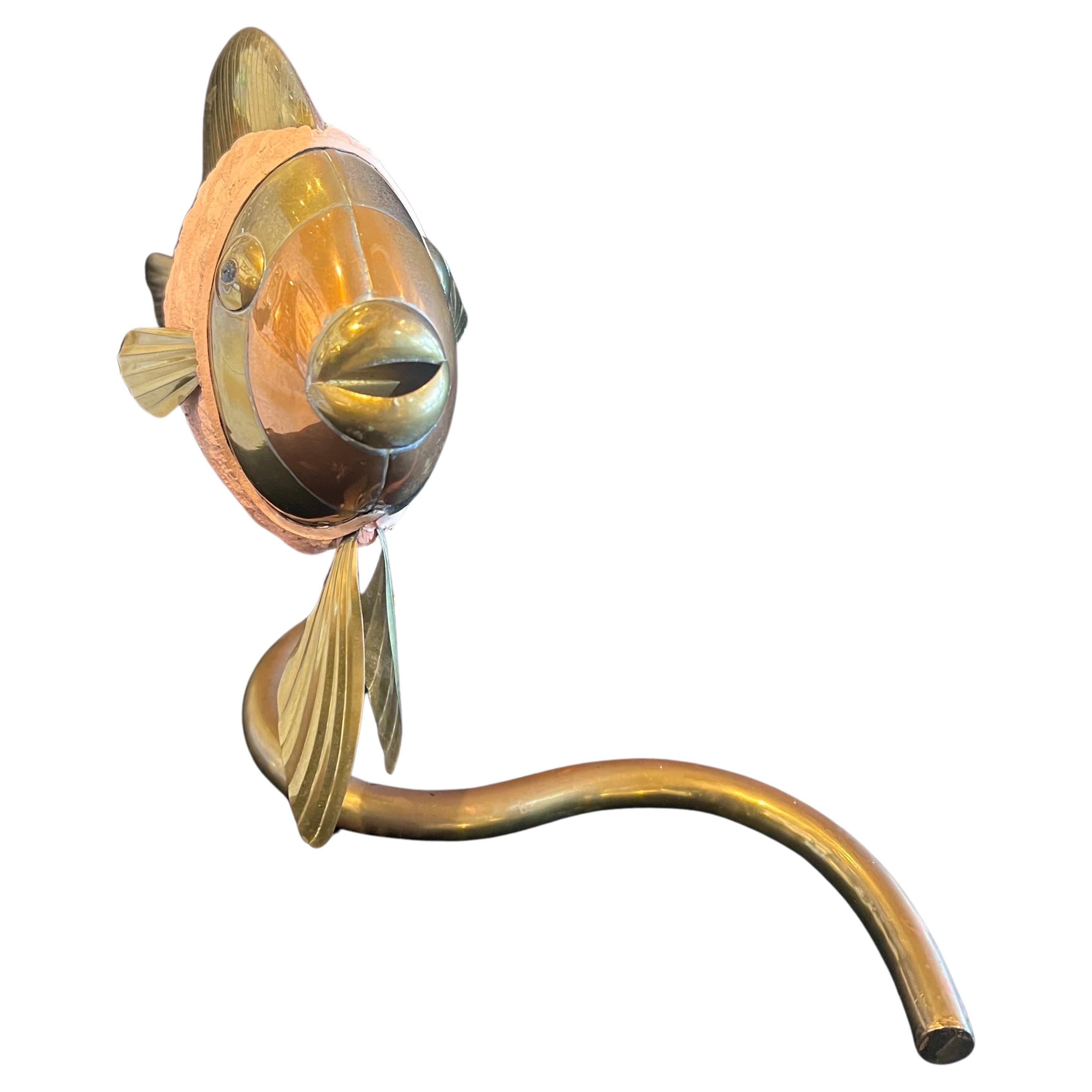 Mid-Century Modern Mix Metals & Leather Rare Beautiful Fish Sculpture Attrib. to Sergio Bustamante For Sale