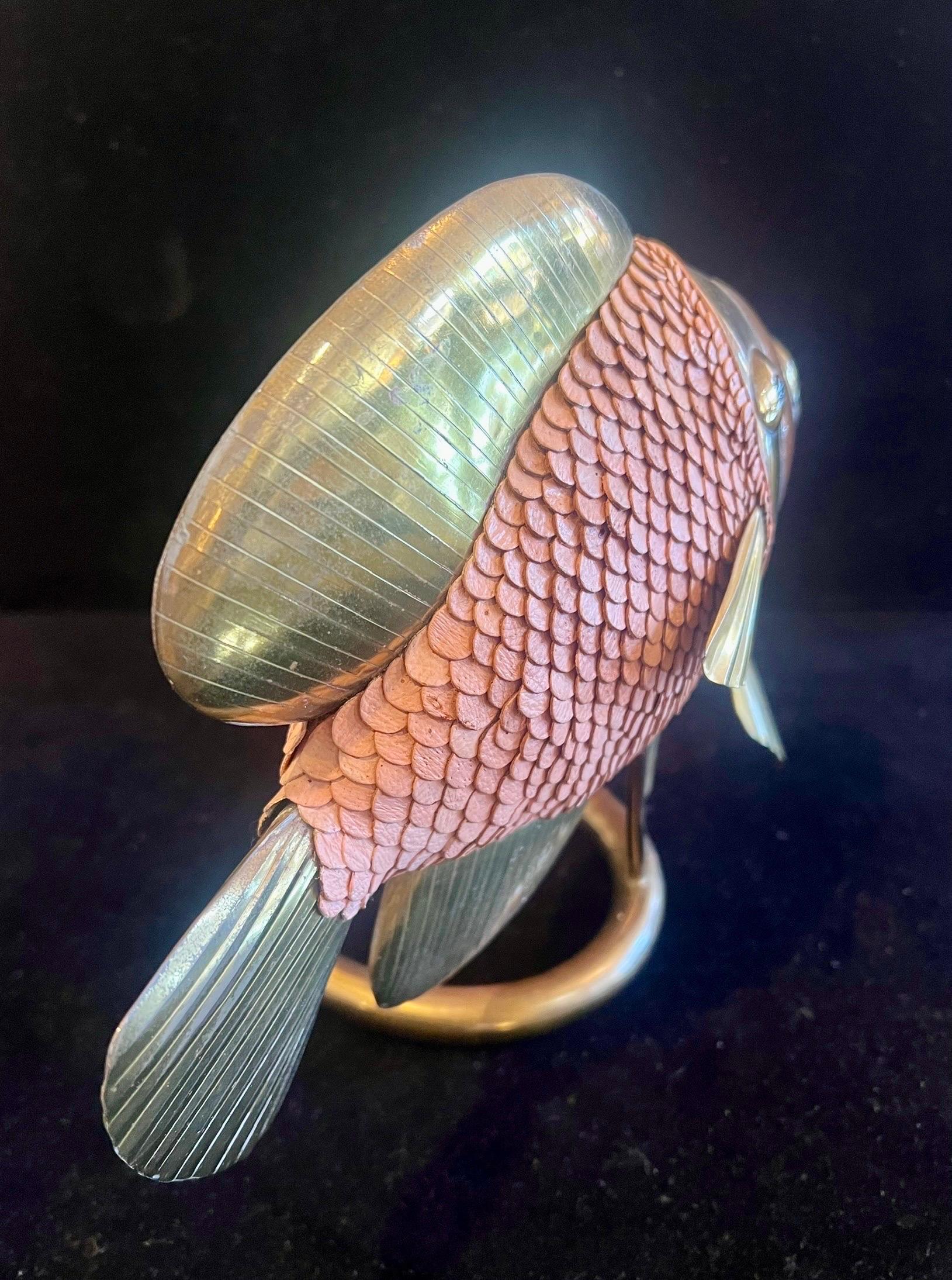 Mexican Mix Metals & Leather Rare Beautiful Fish Sculpture Attrib. to Sergio Bustamante For Sale