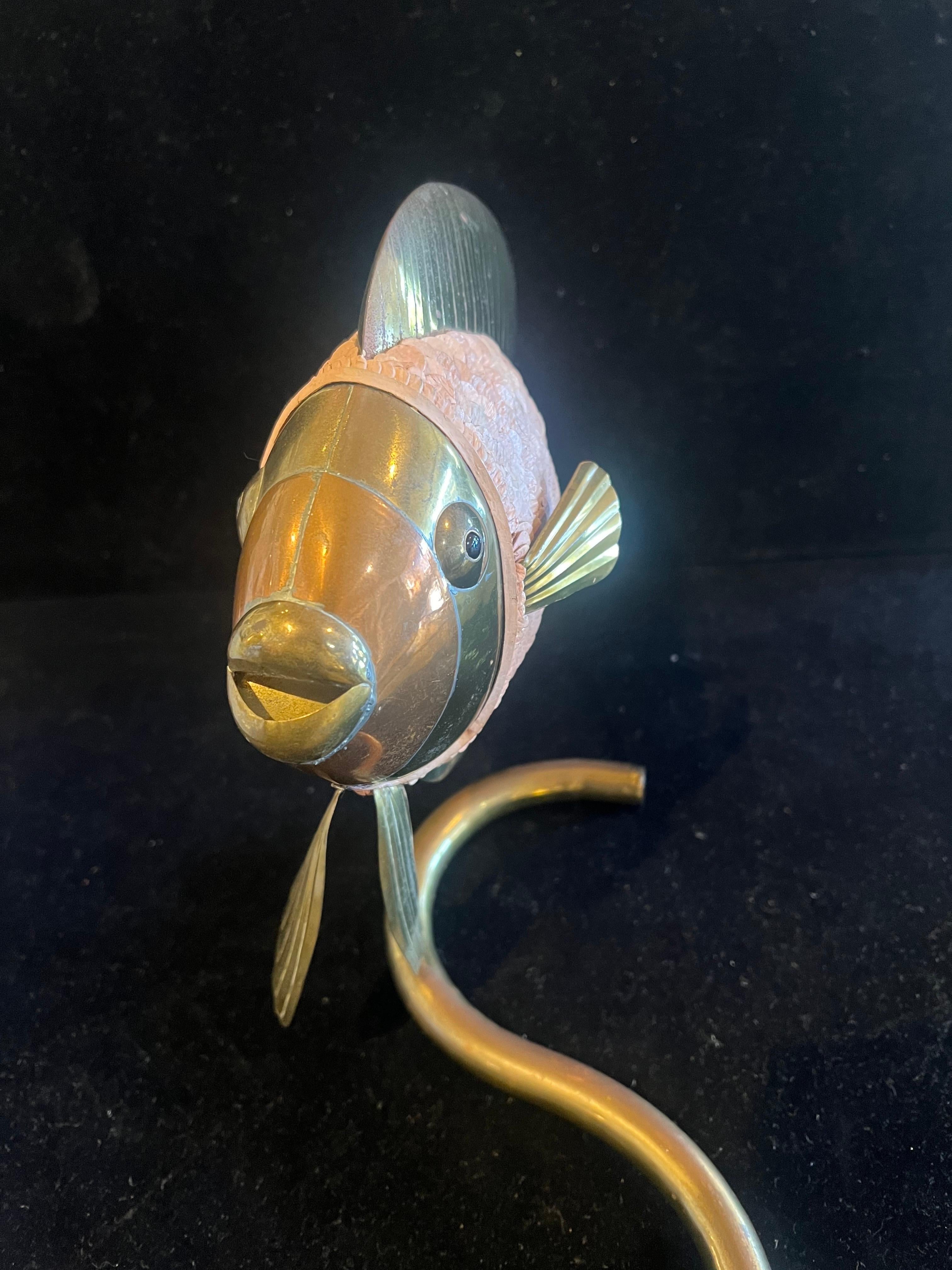 Mix Metals & Leather Rare Beautiful Fish Sculpture Attrib. to Sergio Bustamante In Good Condition For Sale In San Diego, CA