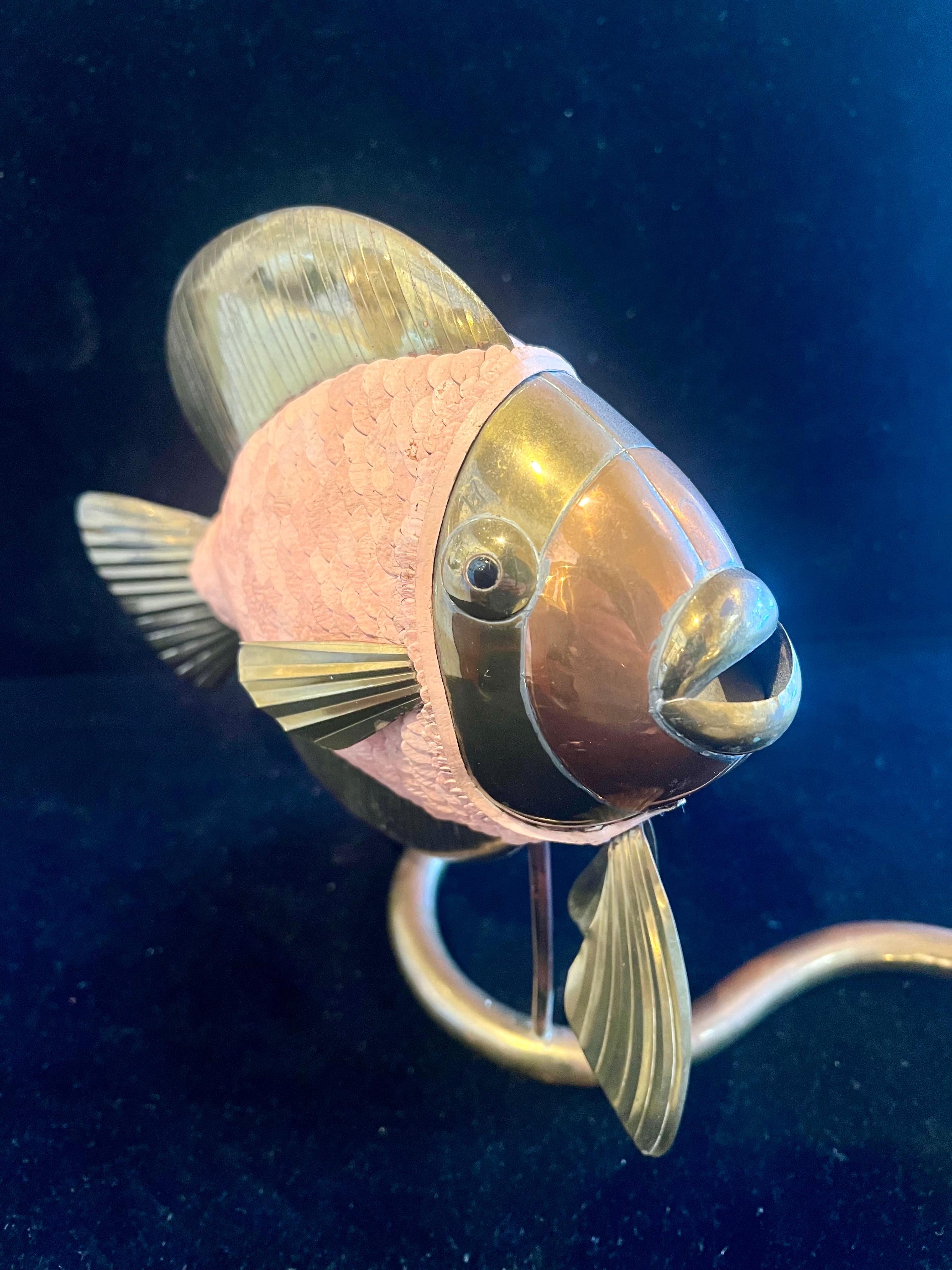 20th Century Mix Metals & Leather Rare Beautiful Fish Sculpture Attrib. to Sergio Bustamante For Sale
