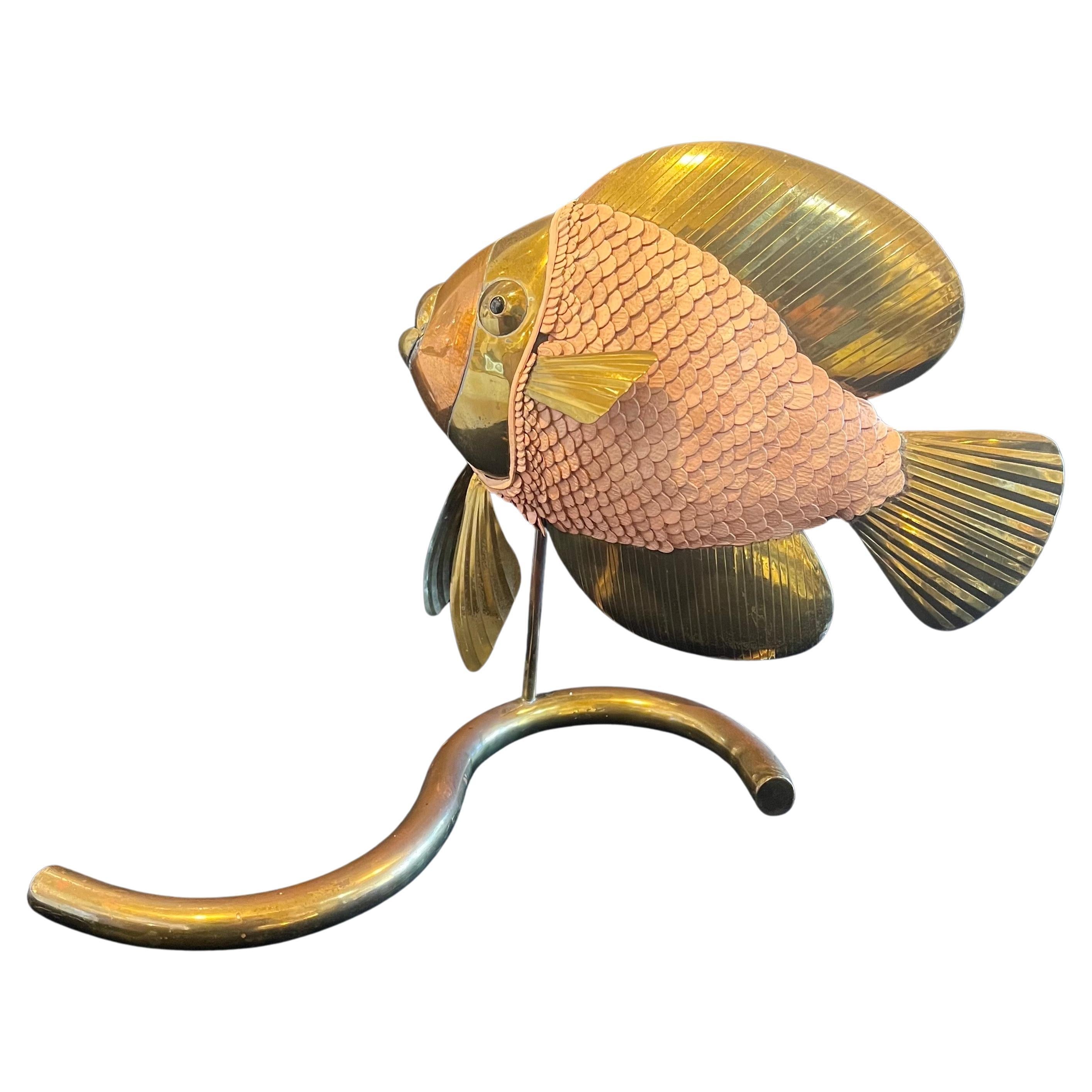 Mix Metals & Leather Rare Beautiful Fish Sculpture Attrib. to Sergio Bustamante For Sale