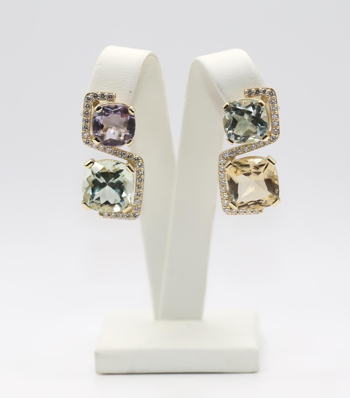 Mix Stones Diamanten Amethyst Grüner Granat Citrin Mode-Ohrringe, 2024 im Zustand „Neu“ im Angebot in Herzelia, Tel Aviv