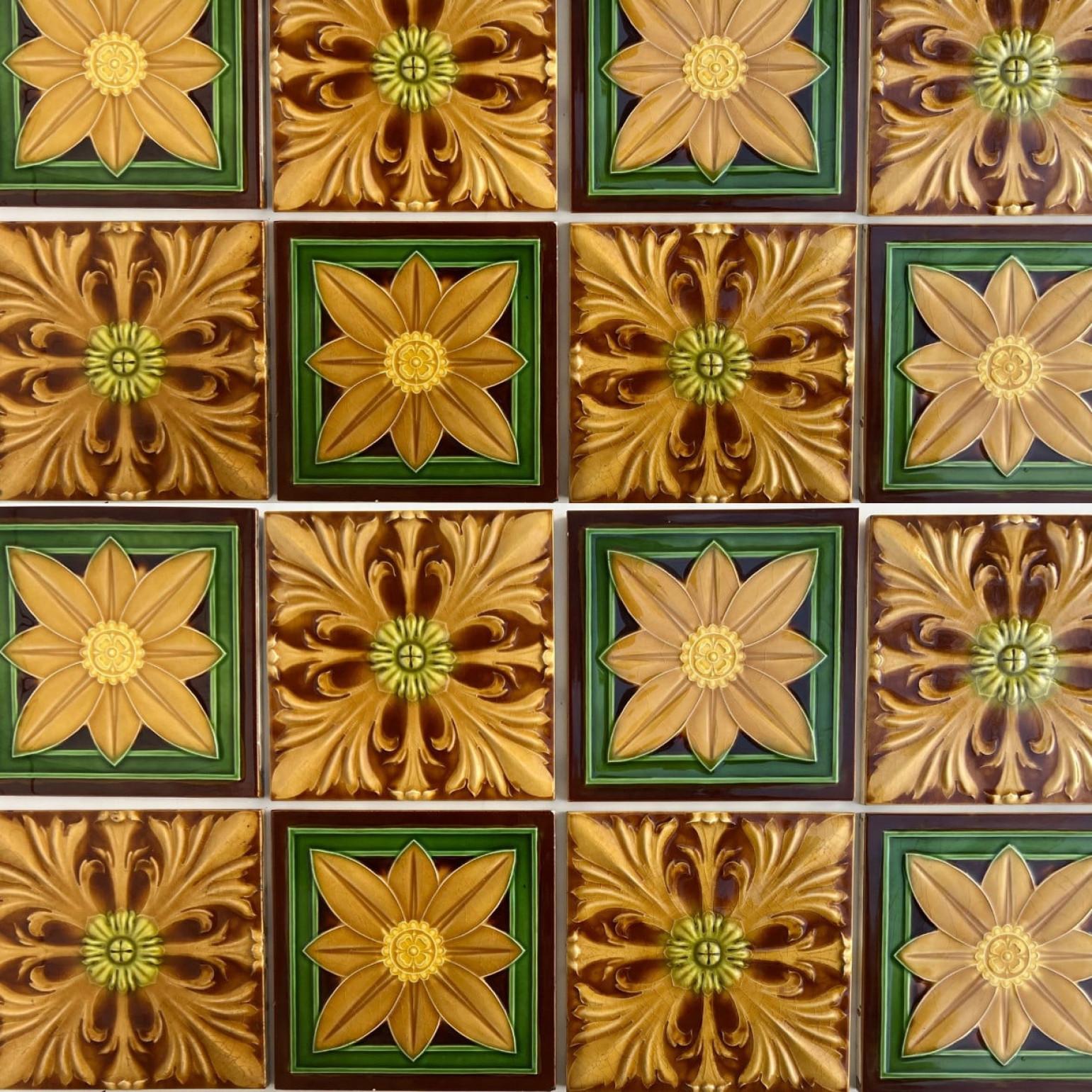 Mixed handmade tiles in rich brown, green and yellow glazed colors. Manufactured around 1920 by Gilliot Hemiksem, Belgium.
These tiles would be charming displayed on easels, framed or incorporated into a custom tile design.

Please note that the