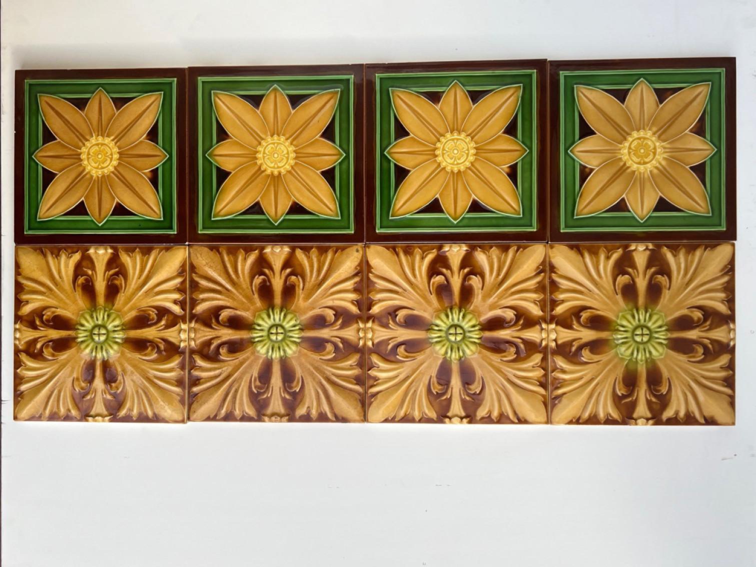 Early 20th Century Mixed Art Deco Relief Tiles by Gilliot, Hemiksem, circa 1920 For Sale