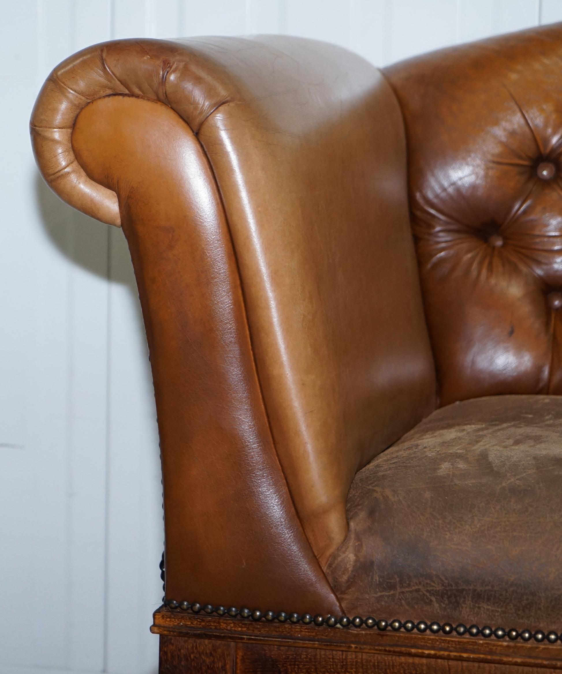 Mixed Brown Leather Chesterfield Two-Seat Club Sofa with Suede Leather Base 7