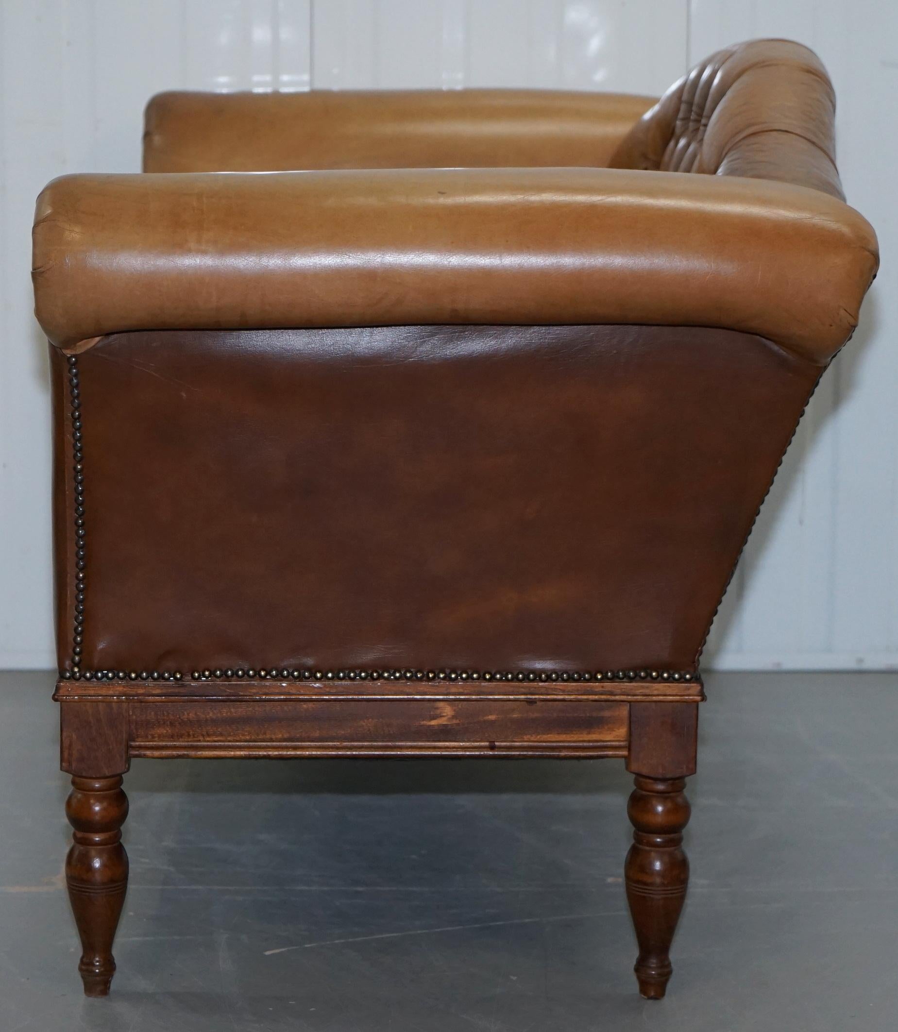 Mixed Brown Leather Chesterfield Two-Seat Club Sofa with Suede Leather Base 13