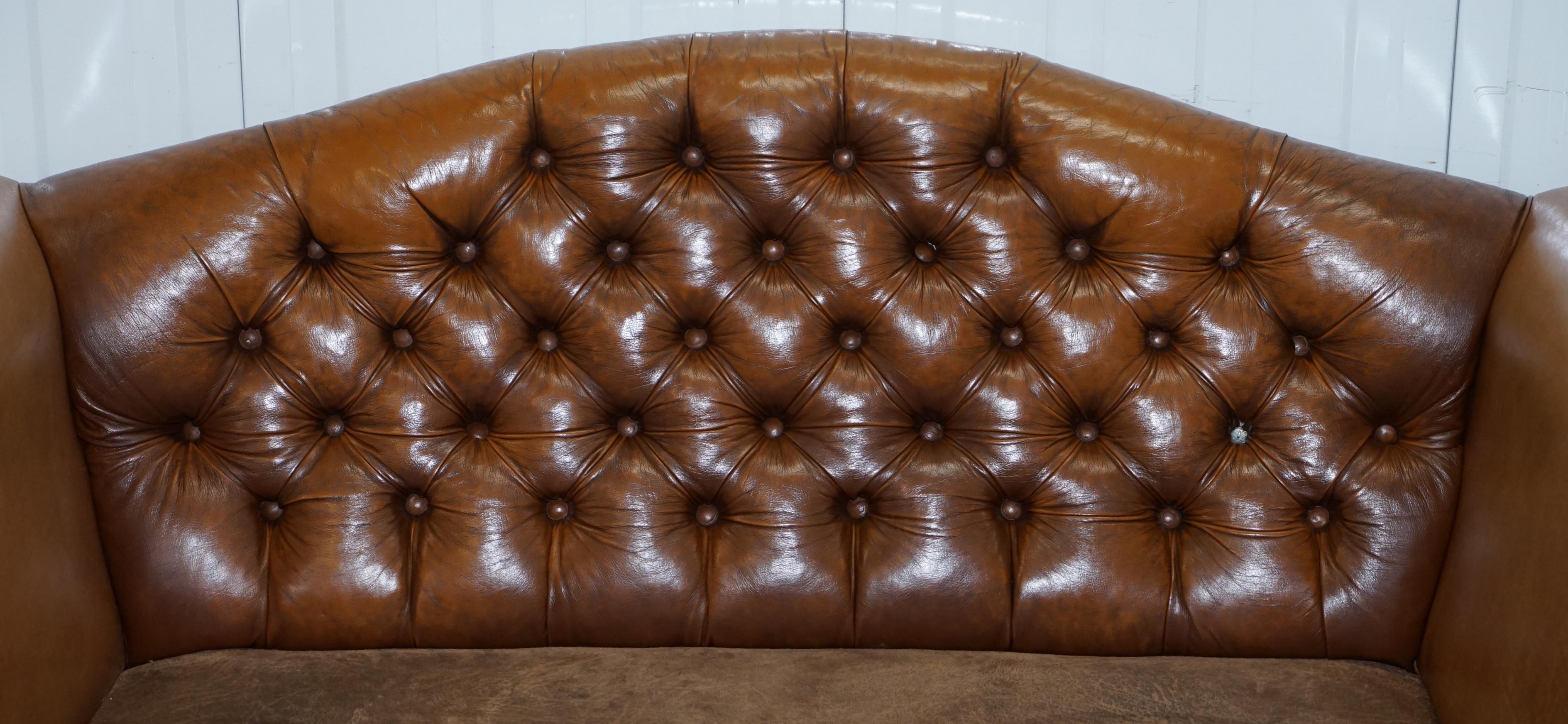 English Mixed Brown Leather Chesterfield Two-Seat Club Sofa with Suede Leather Base