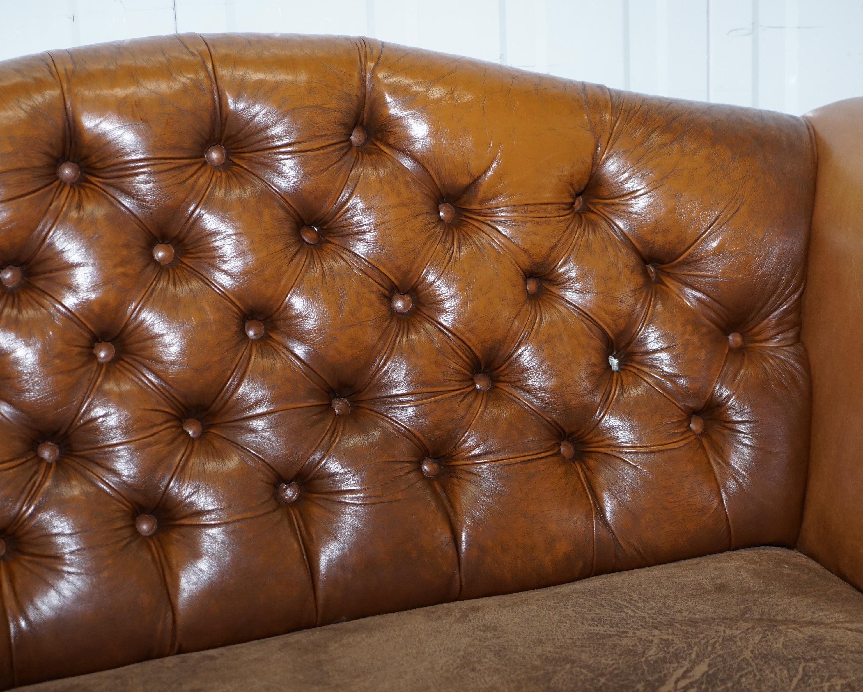 Hand-Crafted Mixed Brown Leather Chesterfield Two-Seat Club Sofa with Suede Leather Base
