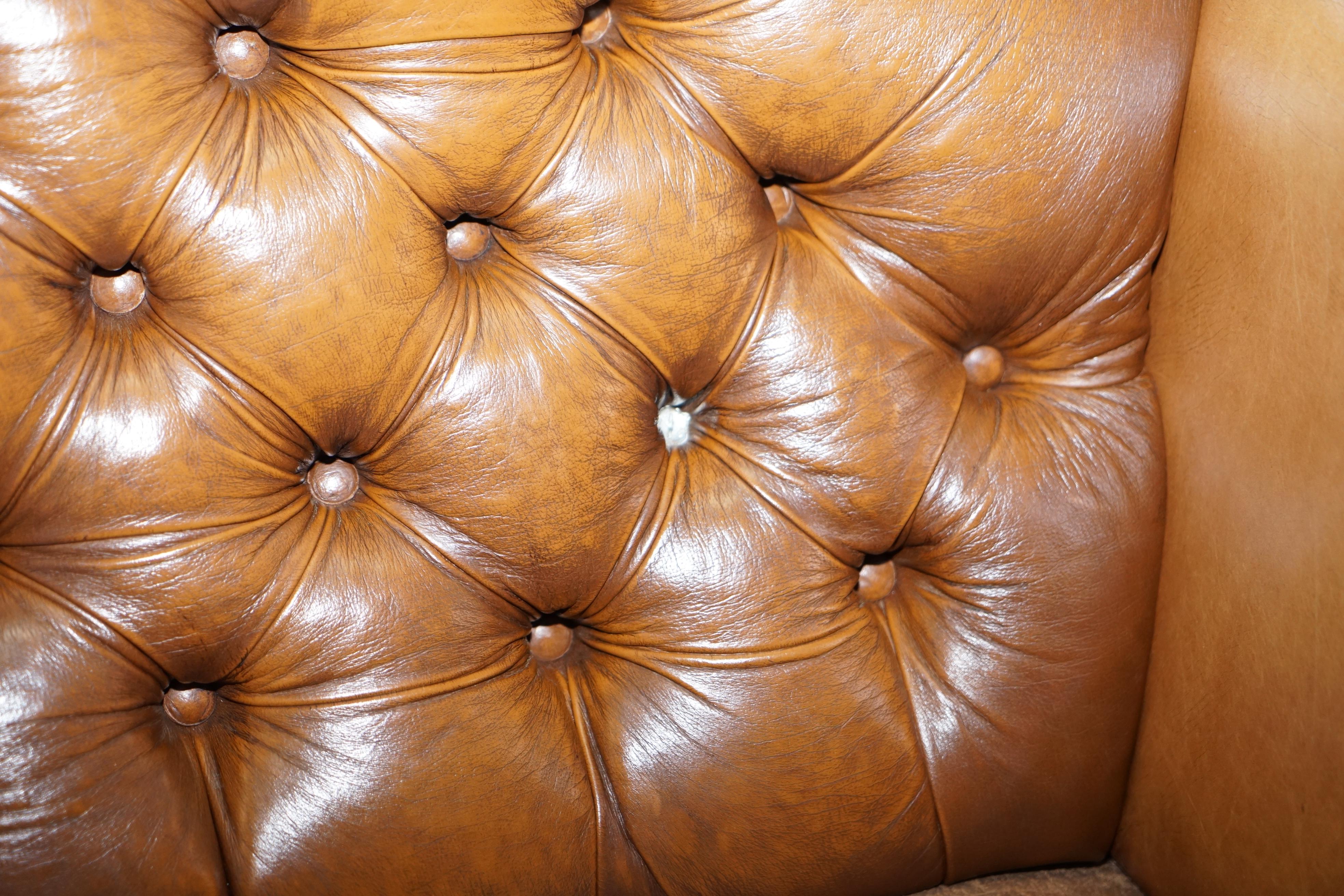 Contemporary Mixed Brown Leather Chesterfield Two-Seat Club Sofa with Suede Leather Base