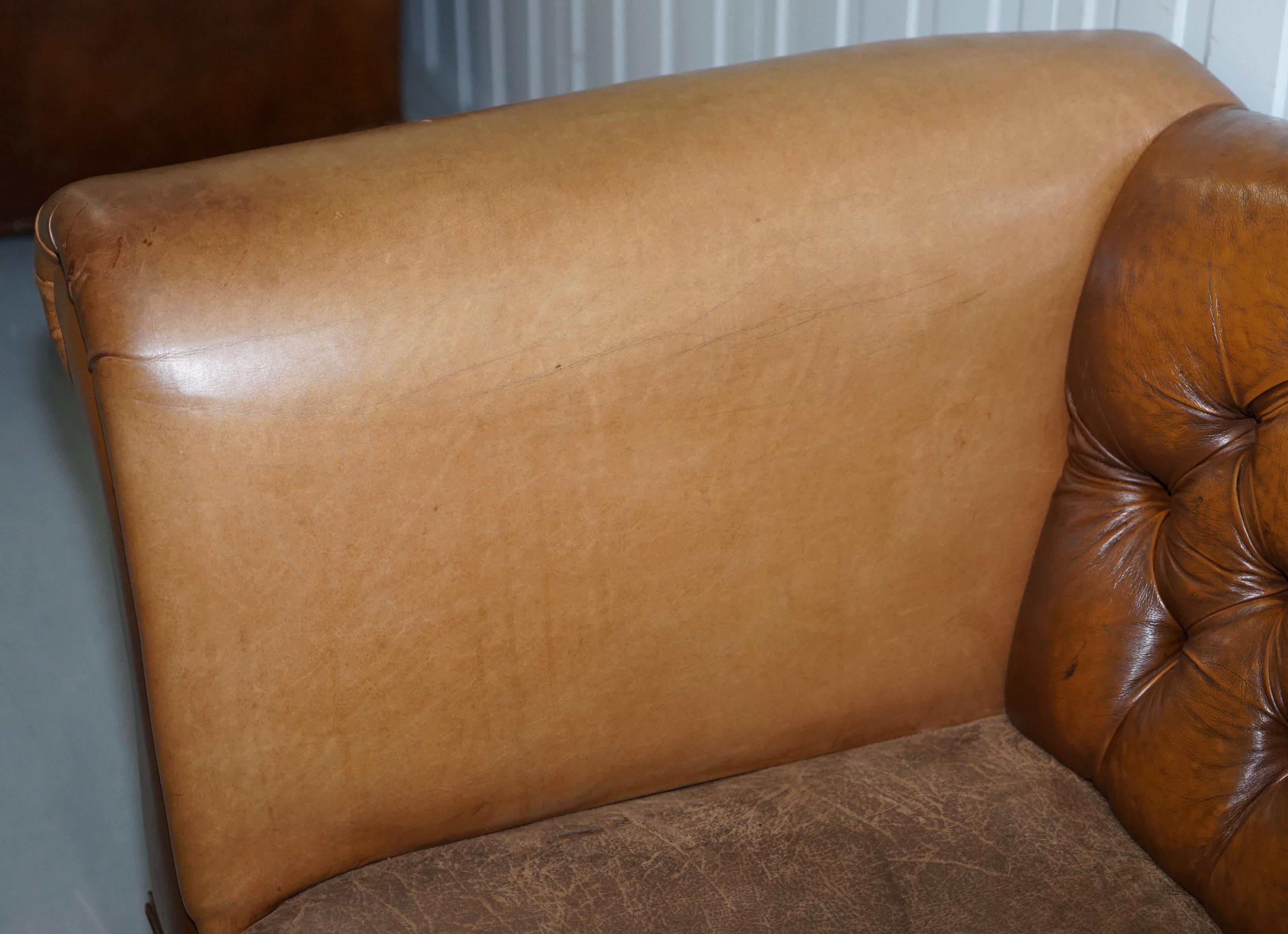 Mixed Brown Leather Chesterfield Two-Seat Club Sofa with Suede Leather Base 1
