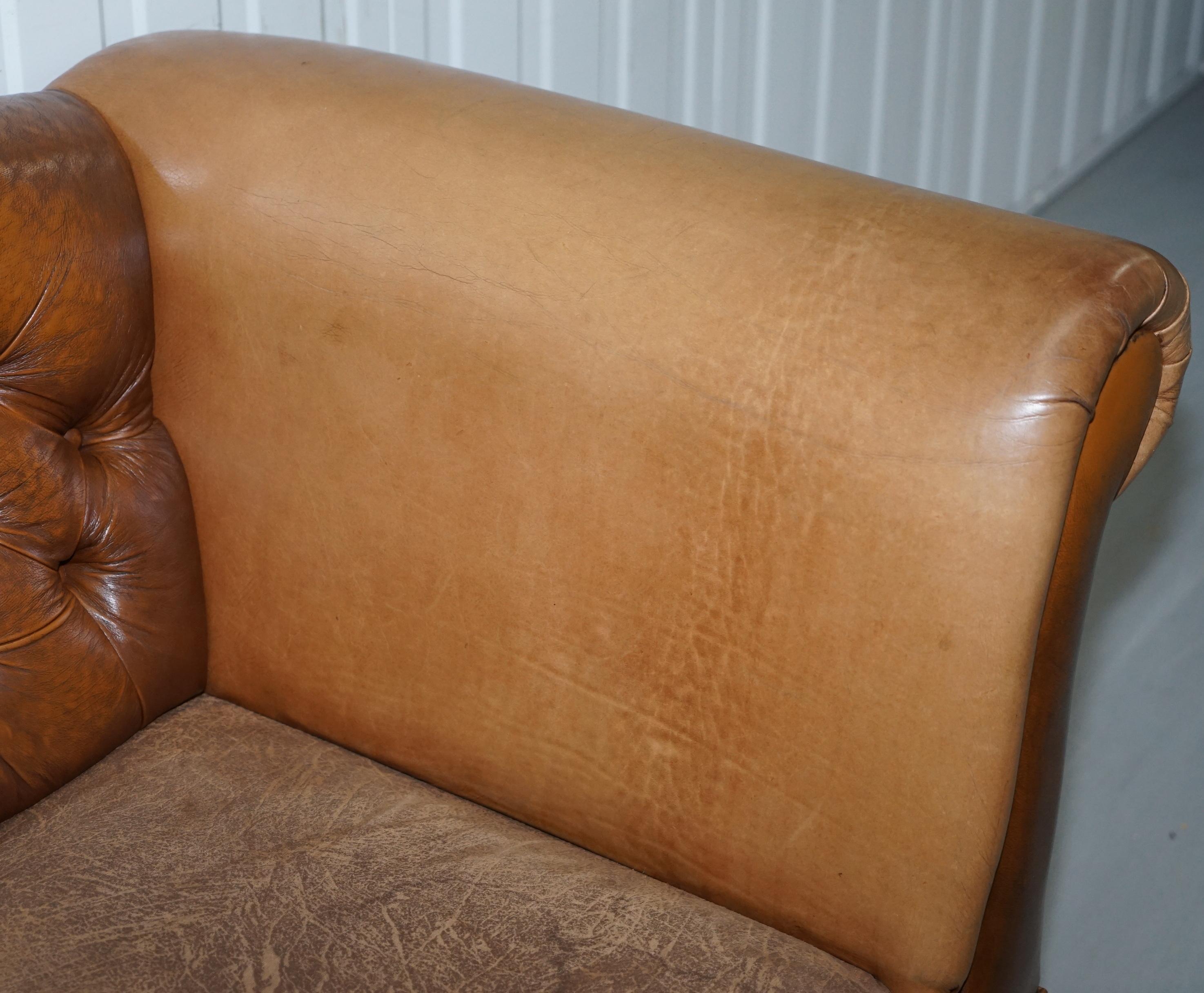 Mixed Brown Leather Chesterfield Two-Seat Club Sofa with Suede Leather Base 2