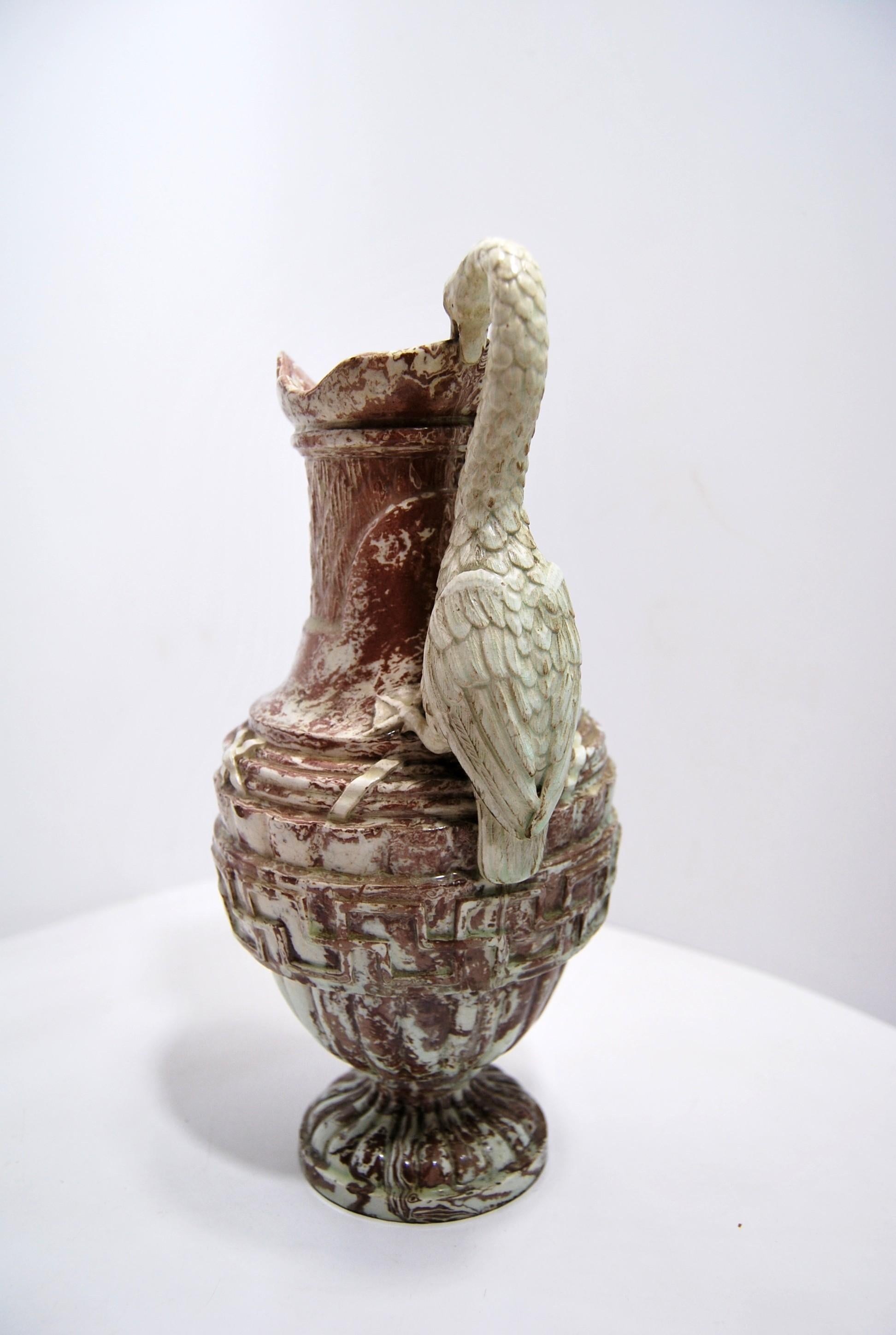 Hand-Crafted Mixed Clay Ewer with Classic Decoration and Swan Handle Grammont Factory Orleans For Sale