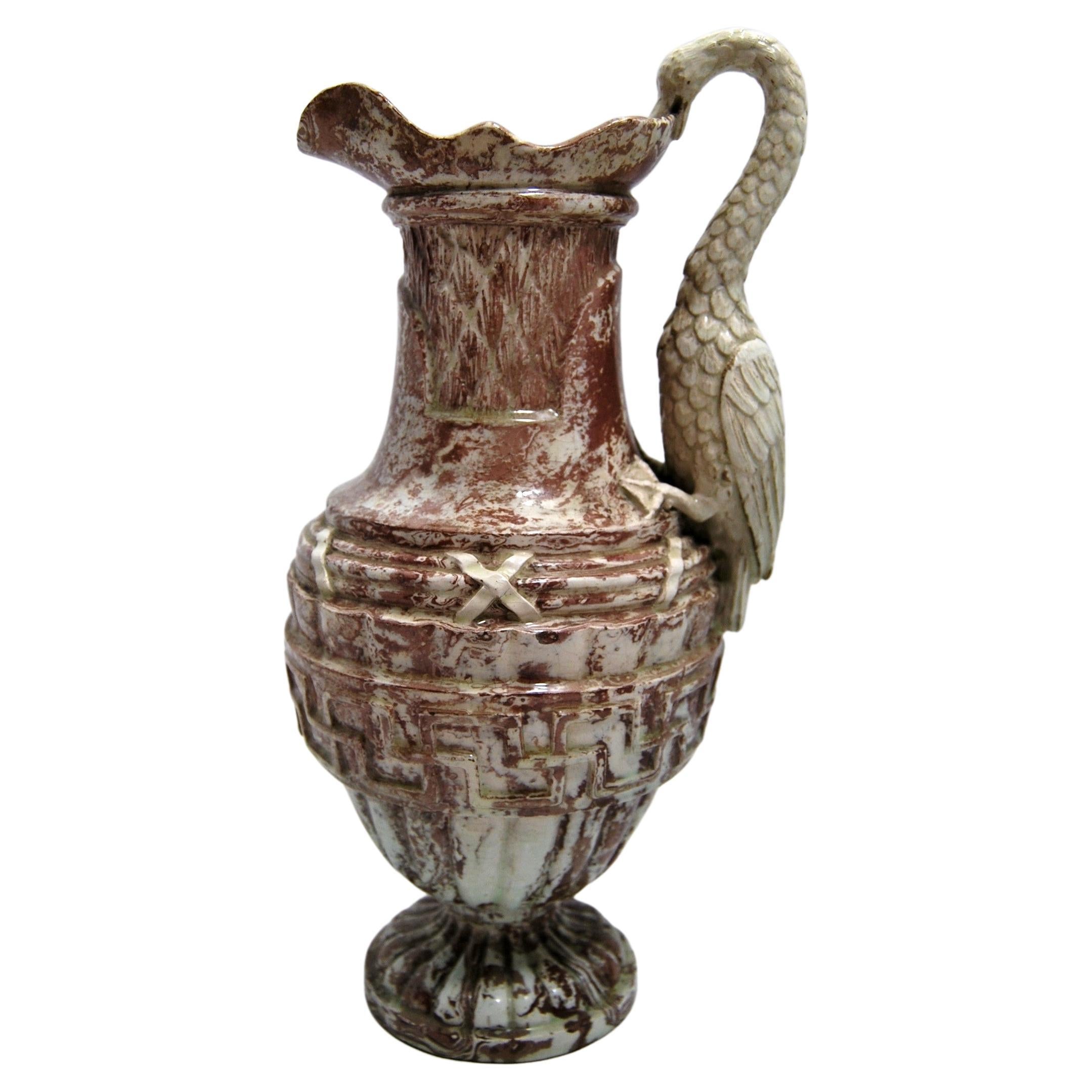 Mixed Clay Ewer with Classic Decoration and Swan Handle Grammont Factory Orleans For Sale