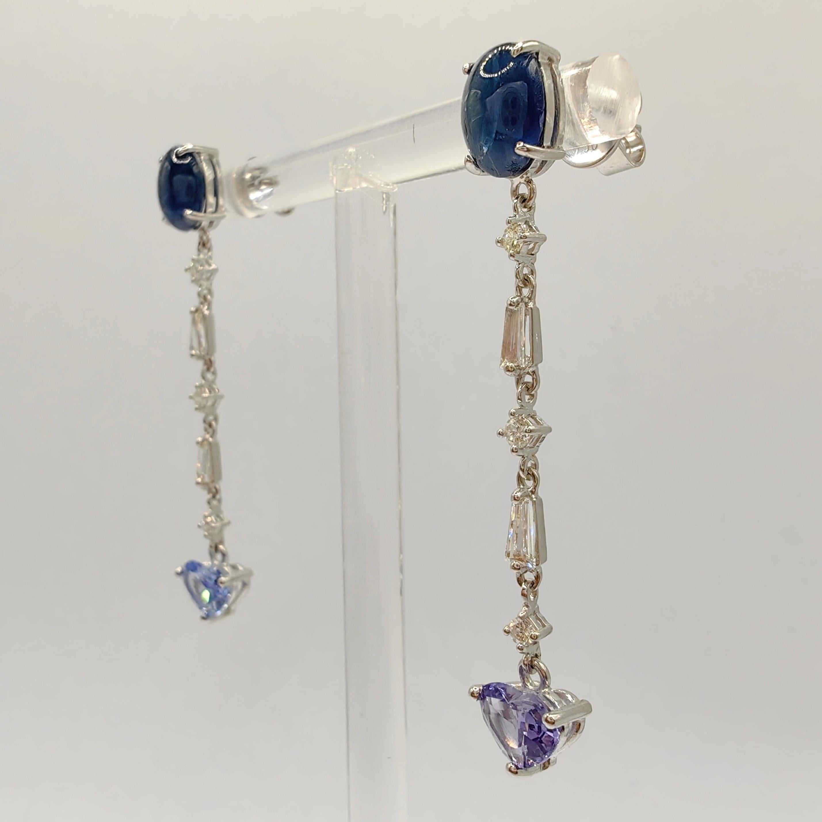 Contemporary Mixed Color & Cut Sapphire Diamond Dangling Drop Earrings in 18K White Gold For Sale